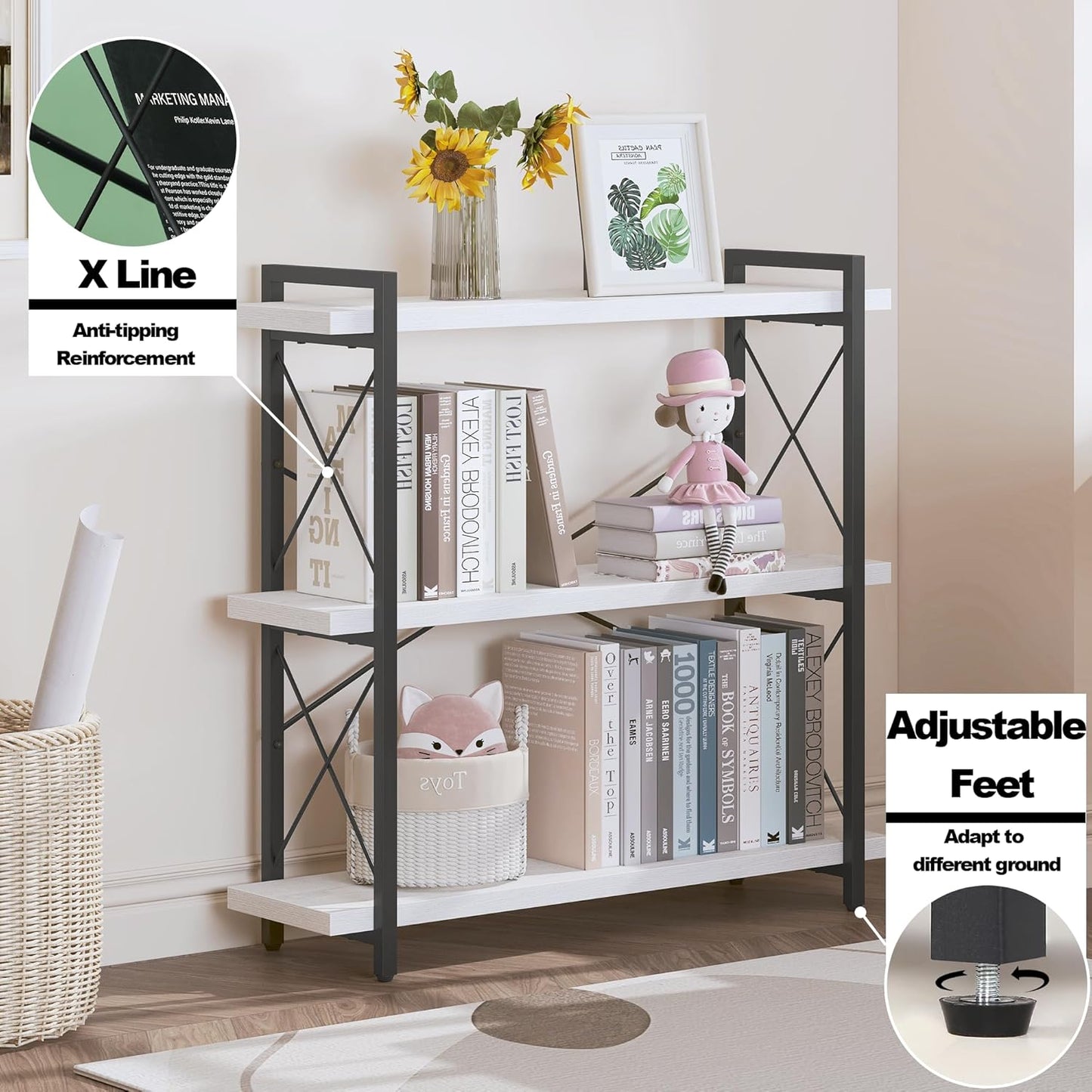 HCHQHS Bookshelf, 3-Tier Industrial Bookcase, Open Book Shelf, Freestanding Horizontal Bookshelves with Metal Frame