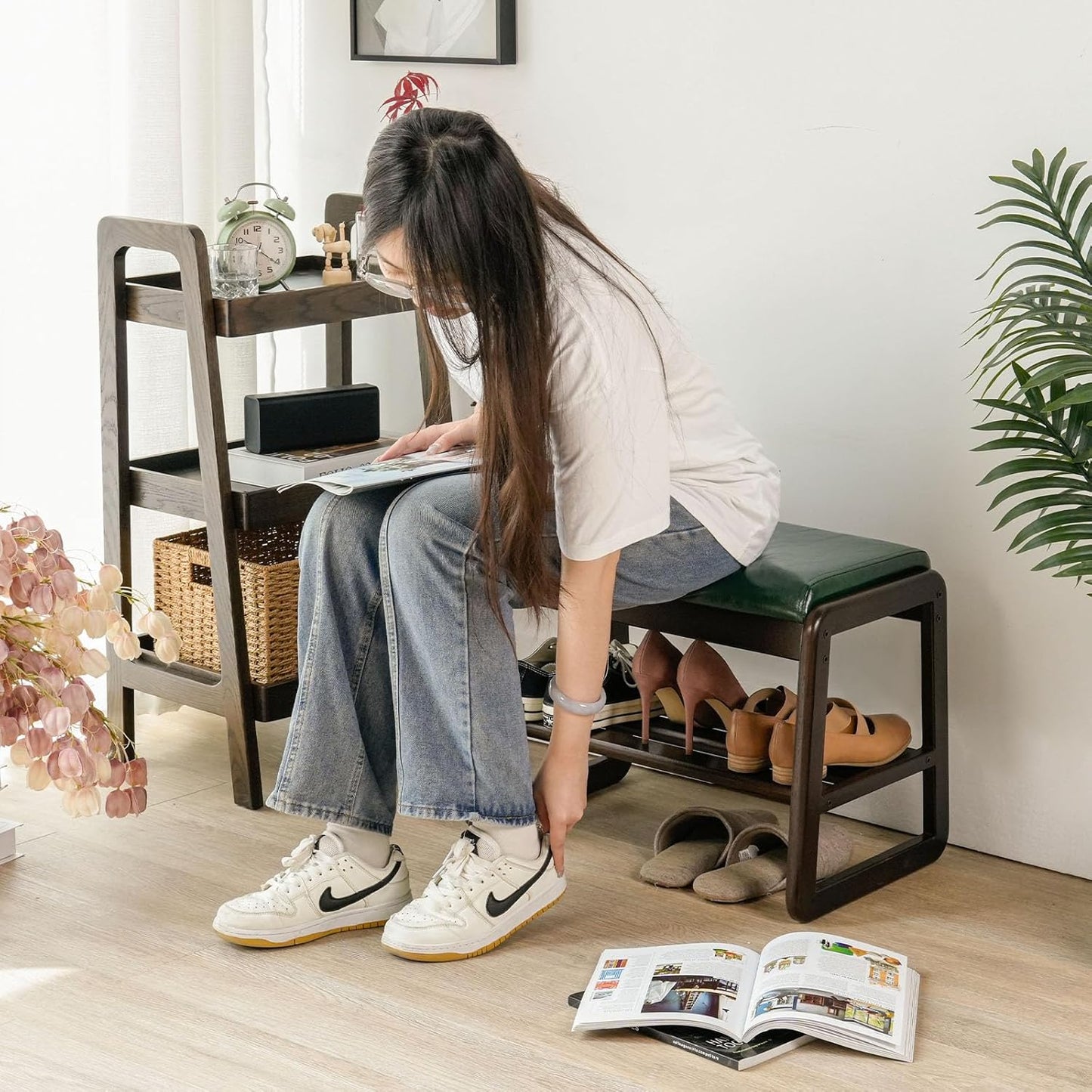 Shoe Bench, Entryway Bench with Leather Cushion, Solid Wood Shoe Rack, Mid Century Modern Bench, Shoe Storage, Shoe Organizer for Entryway (Brown, 21.7" W)