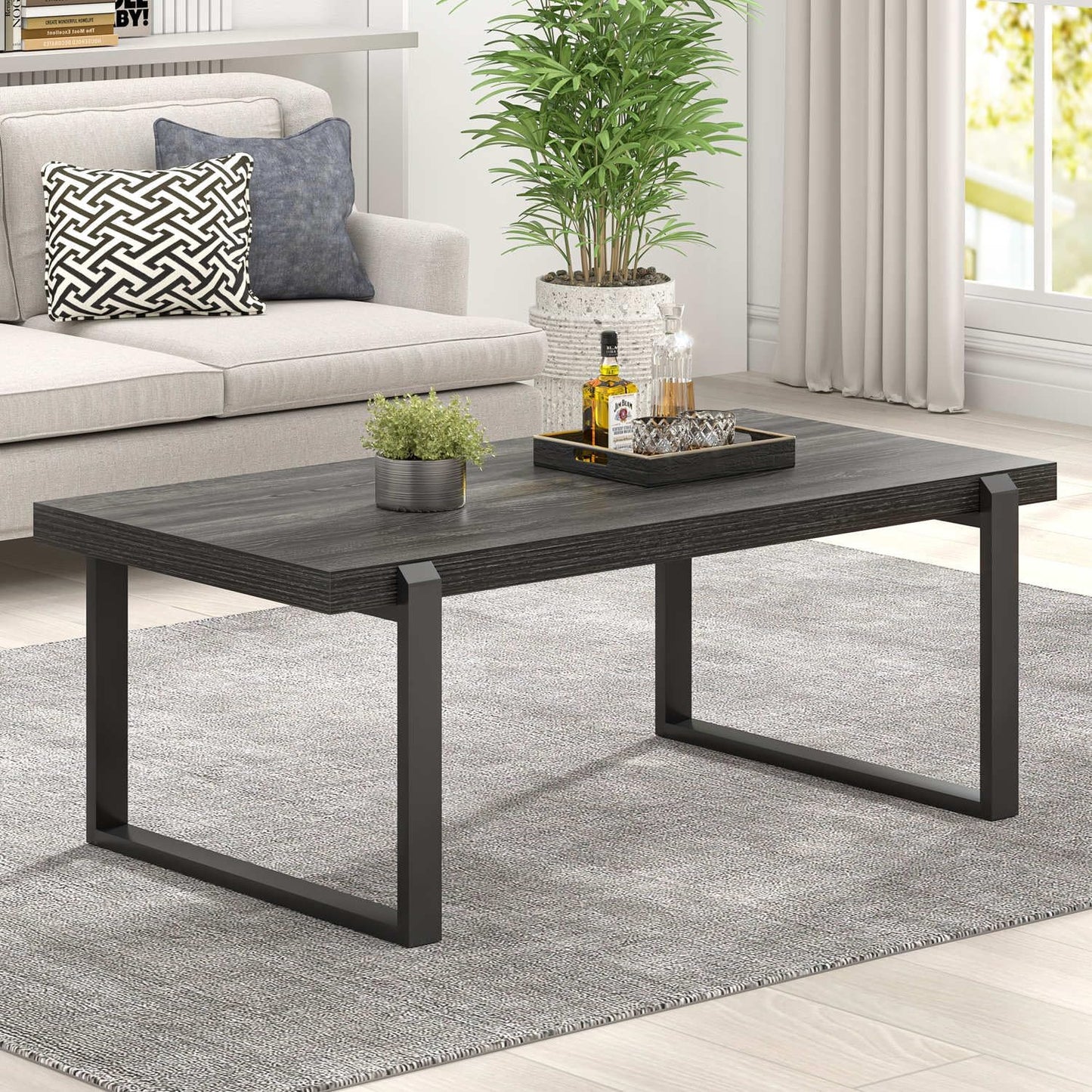 FOLUBAN Coffee Table, Modern Industrial Wood and Metal Center Table, Rectangle Cocktail Tea Table for Living Room, Dark Gray, 44 Inch