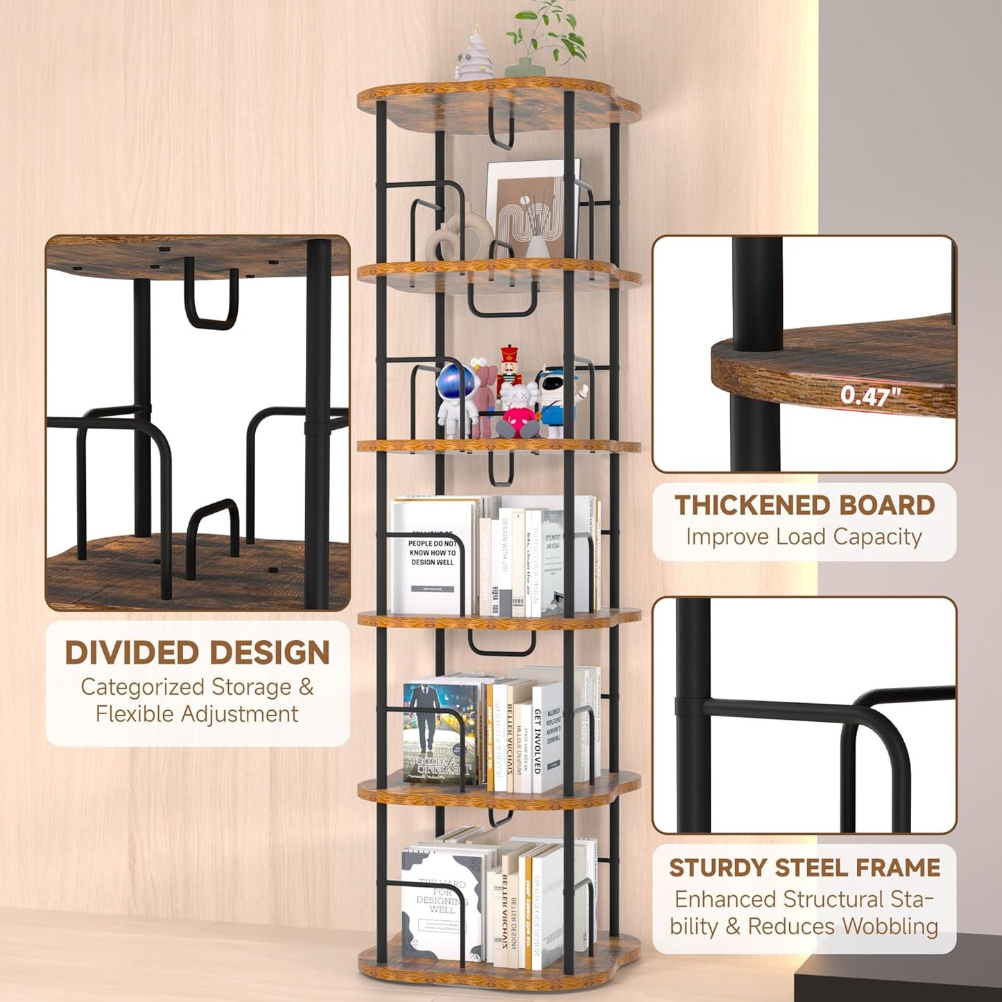 5-Tier Rotating Book Shelf, 360° Display Spinning Bookshelf Tower, Book Organizer, Floor Standing Bookcases for Small Space, Corner Book Shelf for Bedroom, Living Room, Study Room (RUSTIC BROWN)