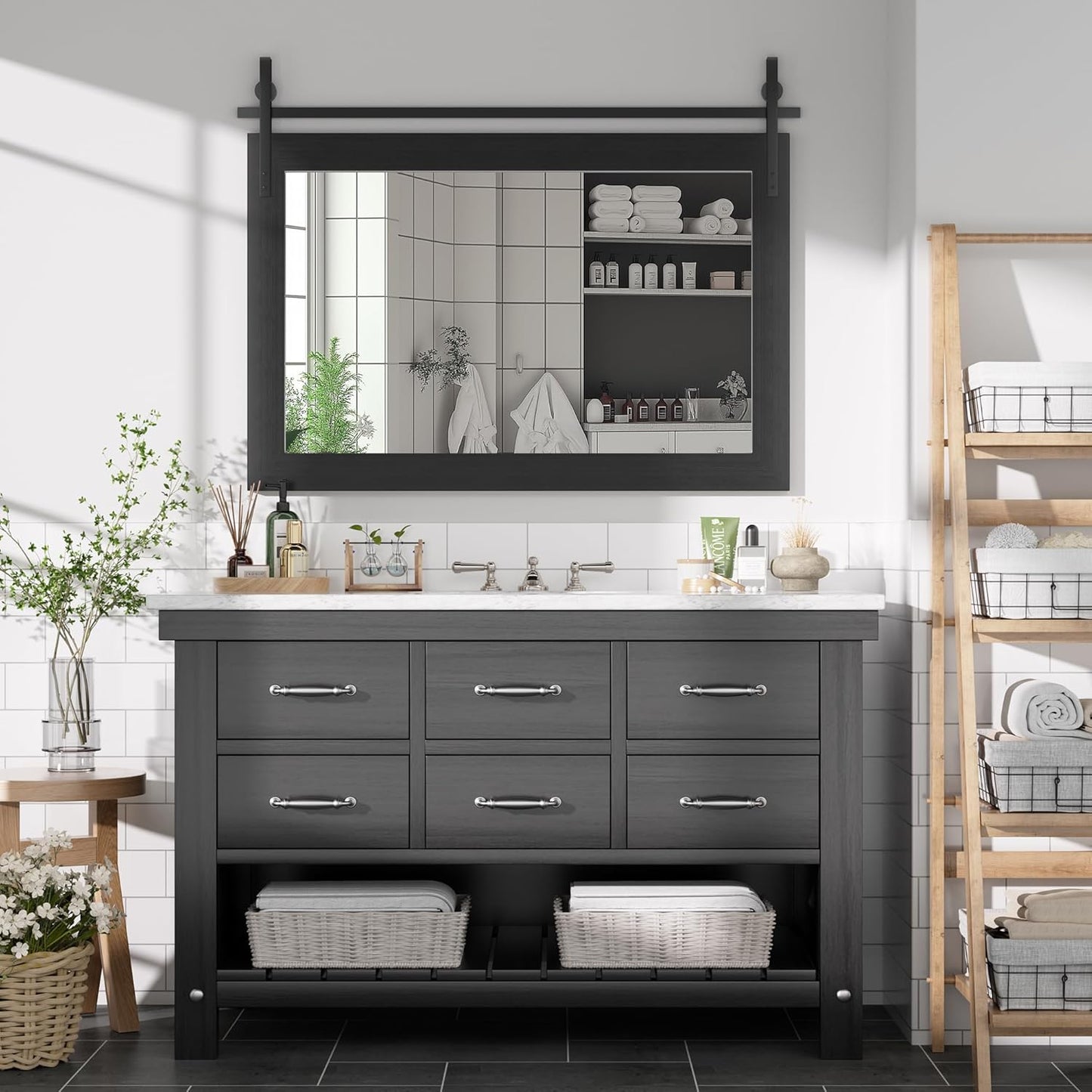 Hasipu Farmhouse Bathroom Mirror, 40"x26" Rustic Wood Framed Wall Mounted Mirror, Black Vintage Vanity Mirror Barn Door Style Decrative Mirrors