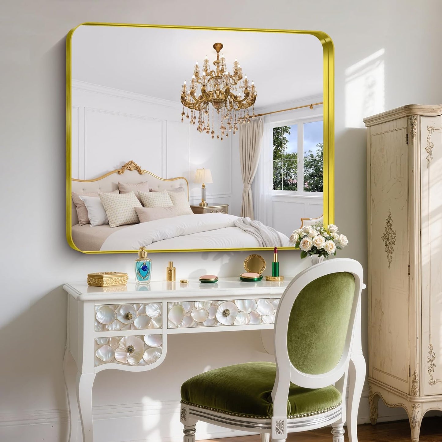 FORBATH 48x40 Inch Bathroom Mirror, Brushed Gold Deep Frame Wall Mirror with Rounded Corners, Anti-Rust Tempered Glass for Modern Farmhouse Vanity (Horizontal/Vertical)