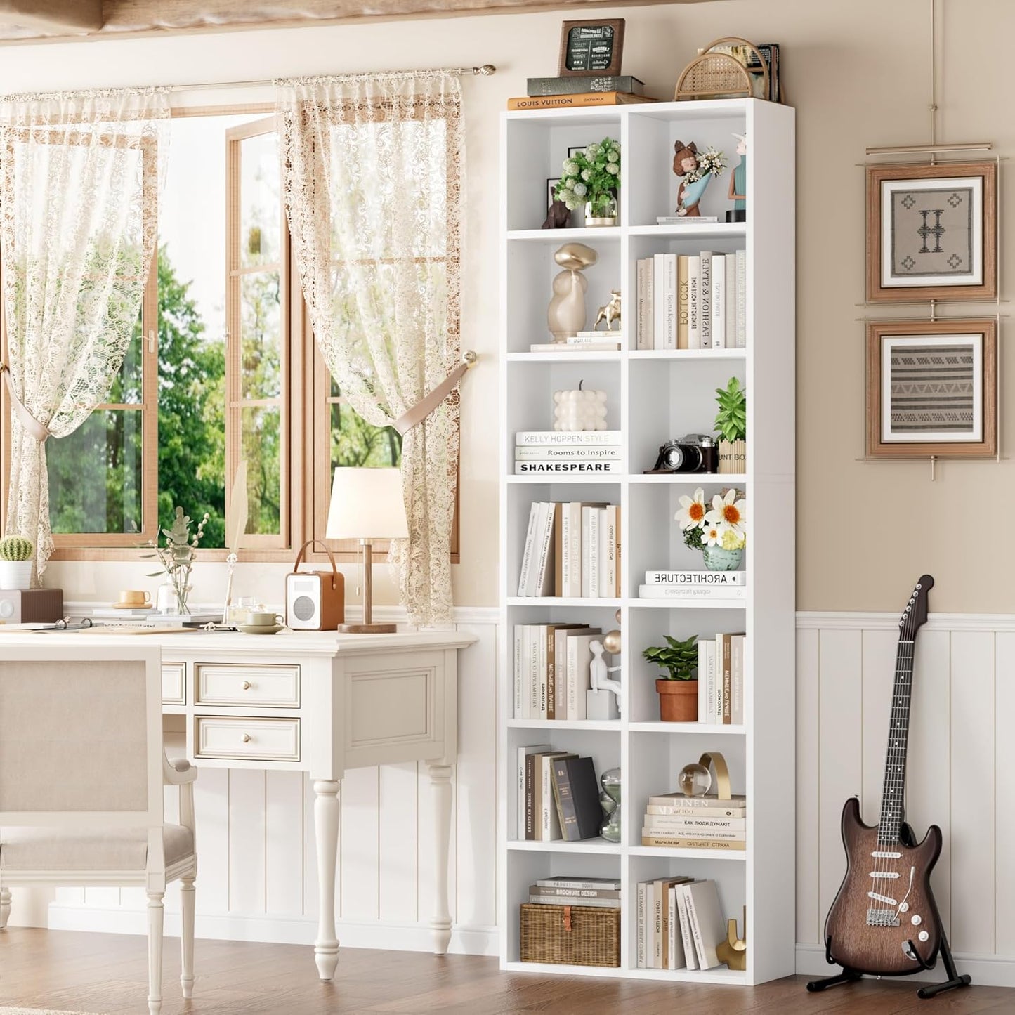 FOTOSOK 71'' White Bookshelf, Double Wide Media Tower Rack CD DVD Rack Display Cabinet with Adjustable Shelves, Tall Narrow Bookcase Bookshelf for Home Office, White