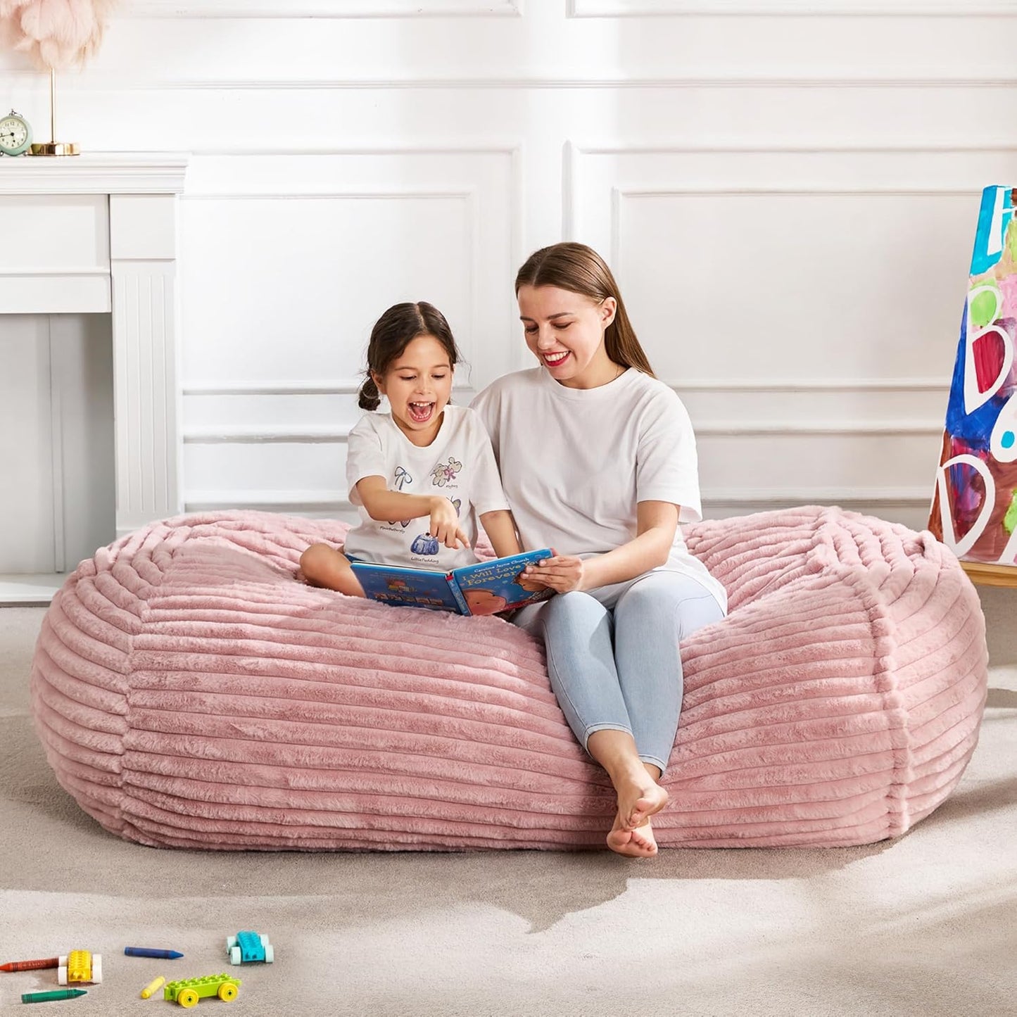 Hobestluk 4FT Bean Bag Chairs Adult Bean Bag with Portable Handle Comfy Large Bean Bag Chair with Removable Cover for Living Room Bedroom or Reading Nook (Stripe Pink, 4FT)