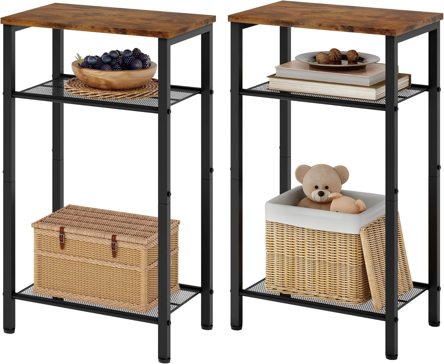 Hoctieon 2-Set 3 Tier End Table, Telephone Table Set of 2, Tall Side Table with Storage Set of 2, Small Nightstand for Small Spaces, Metal Frame, for Living Room, Bedroom, Sofa Couch, Rustic Brown
