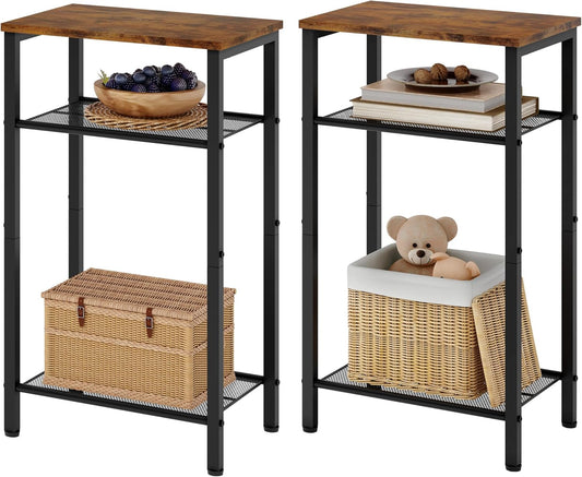 Hoctieon 2-Set 3 Tier End Table, Telephone Table Set of 2, Tall Side Table with Storage Set of 2, Small Nightstand for Small Spaces, Metal Frame, for Living Room, Bedroom, Sofa Couch, Rustic Brown