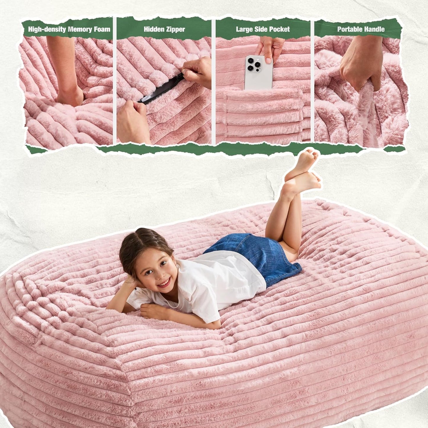 Hobestluk 3FT Bean Bag Chairs Adult Bean Bag with Portable Handle Comfy Large Bean Bag Chair with Removable Cover for Living Room Bedroom or Reading Nook (Stripe Pink, 3FT)