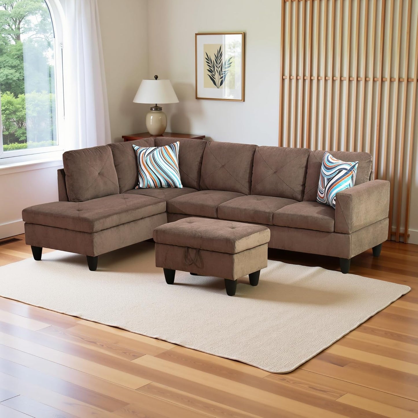 L Shaped Couch Modern Sectional Couch Upholstered Flannel Fabric 3 Pieces Sofas for Living Room with Chaise, Storage Ottoman for Office and Small Apartment, Dark Brown