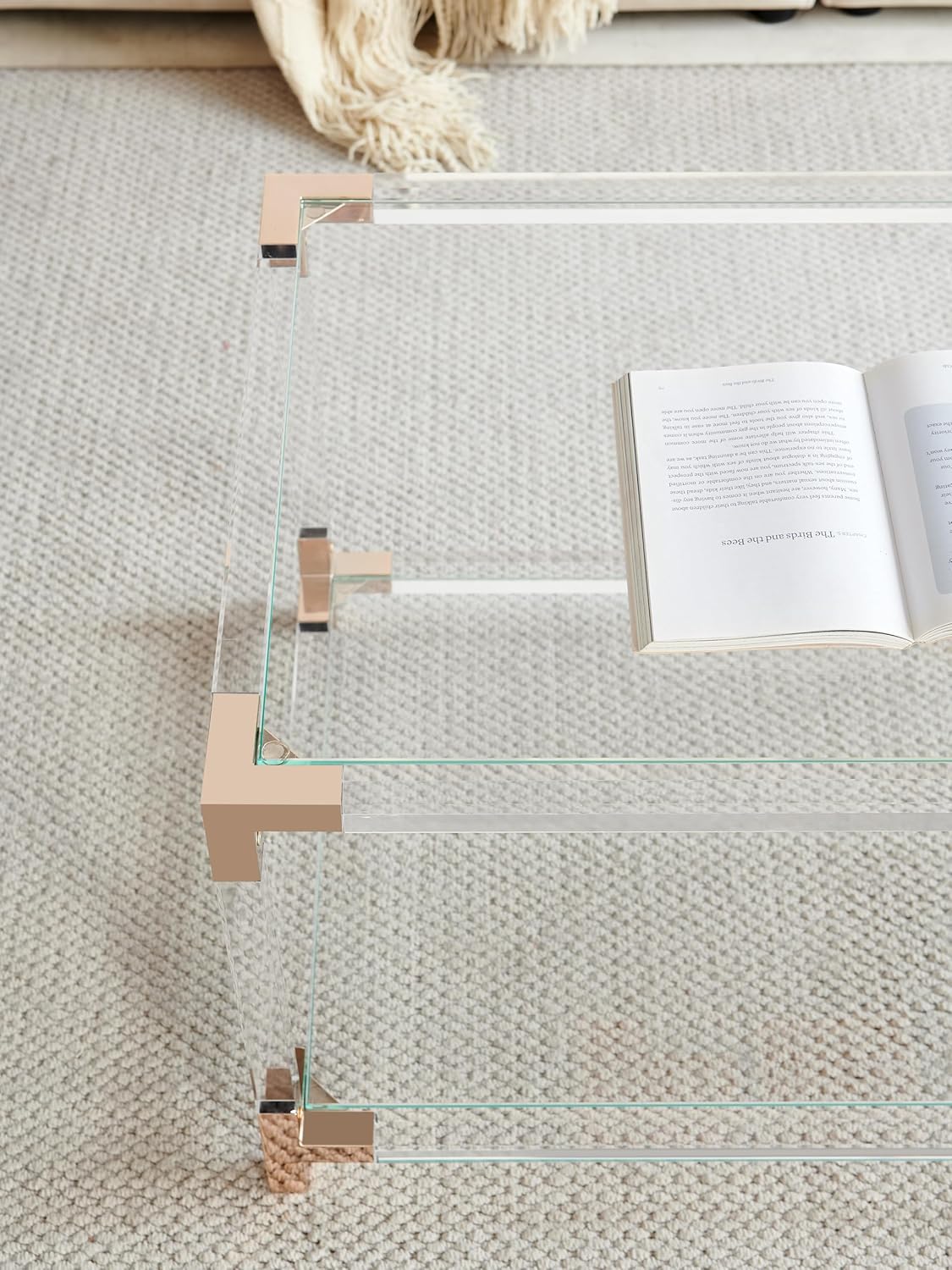 Saint Mossi Glass Coffee Table Living Room, Modern Double Layer Glass Living Table for Living Space, L41 x W21 x H16, Clear Glass Top, Clear Acrylic Leg & Rose Gold Frame