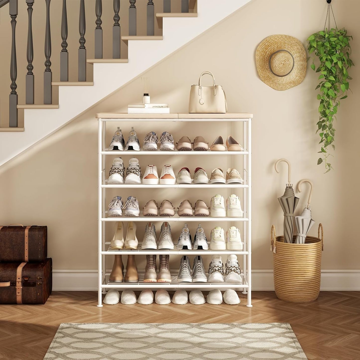 Shoe Rack Organizer 6 Tier for Closet Entryway Free Standing Metal Storage Shoe Shelf with MDF Top Board，White+Oak
