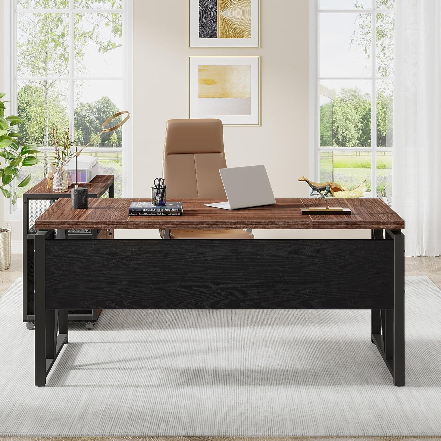 Tribesigns L Shaped Desk with Drawer Cabinet, 63" Executive Computer Desk and lateral File Cabinet, 2 Piece Home Office Furniture with Drawers for Hanging, Doors with Locks (Dark Brown, 63 inches)