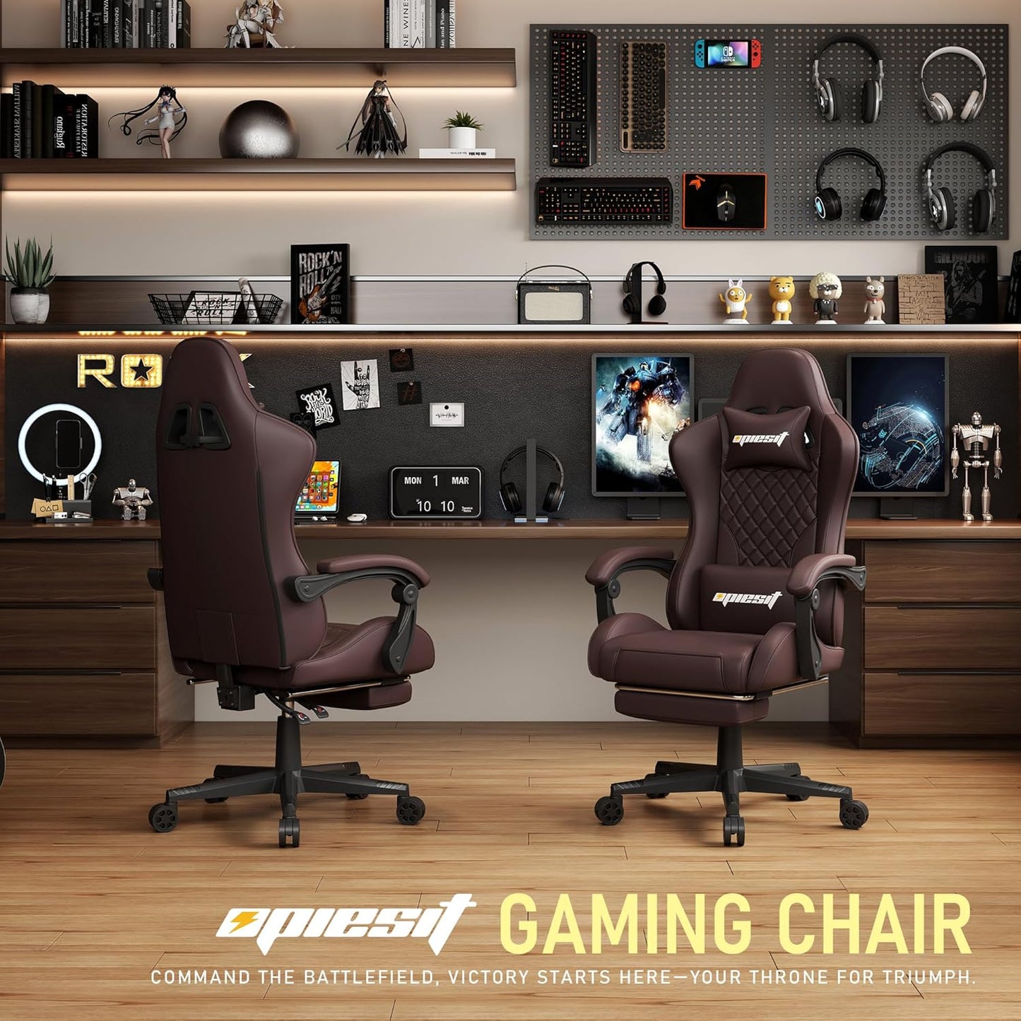 Gaming Chair Office Chair with Footrest, Height Adjustable, Ergonomic Computer Chairs with Pocket Spring Cushion, PU Leather,Video Game Chair 360° Swive,(PU-Brown)