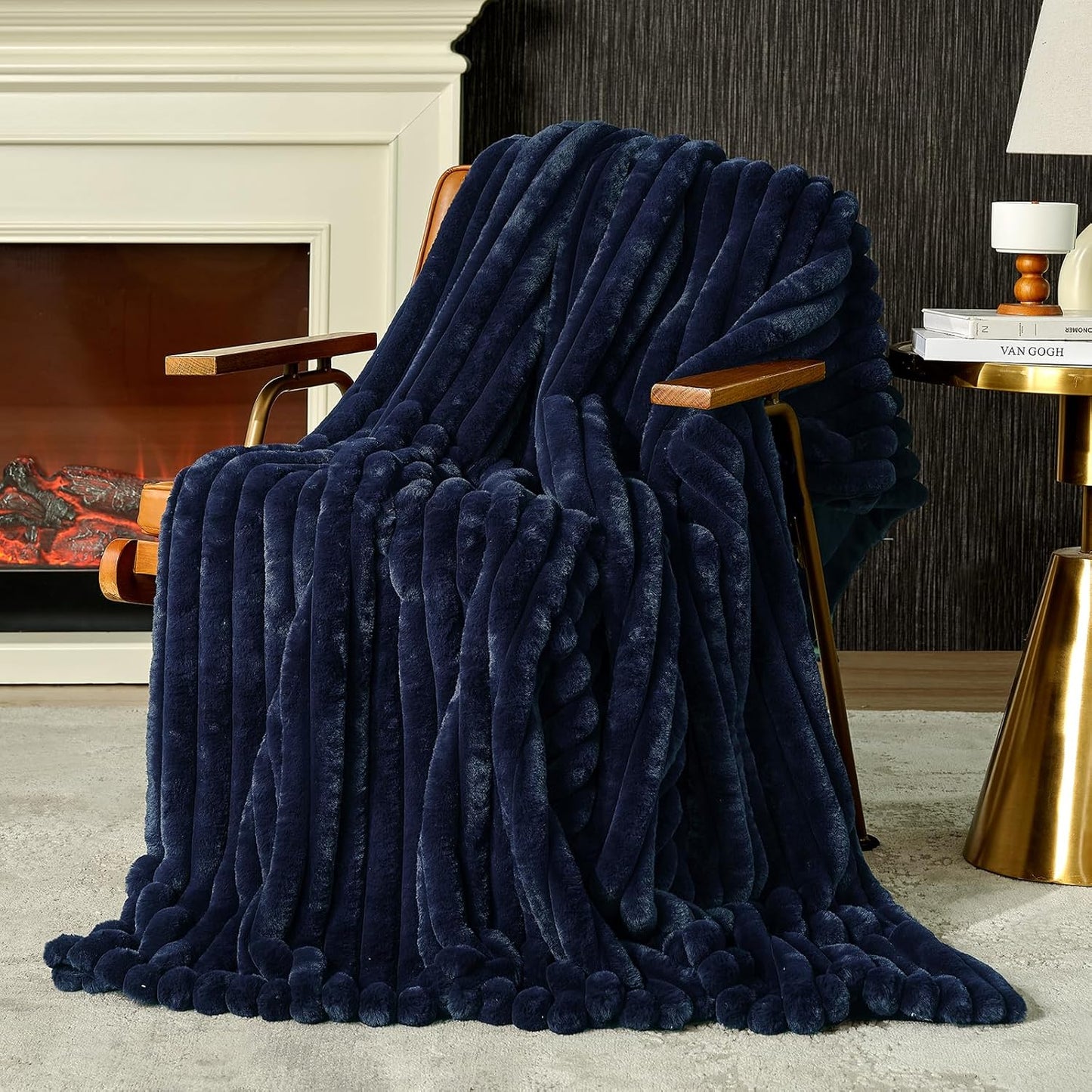 Amélie Home Faux Fur Throw Blanket for Couch, Cozy Fuzzy Fluffy Fur Luxurious Soft Striped Plush Gift Blankets for Family Sofa Chair Bed Living Room Bedroom, 55"x70", Navy Blue