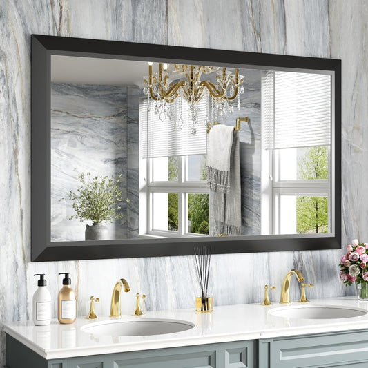 Amorho Black Bathroom Mirror, 50 X30 Inch Thick Metal Framed Wall Mirrors for Over 2 Sinks, Bedroom, Living Room, Entryway, Large Rectangle Wall-Mounted Mirrors.