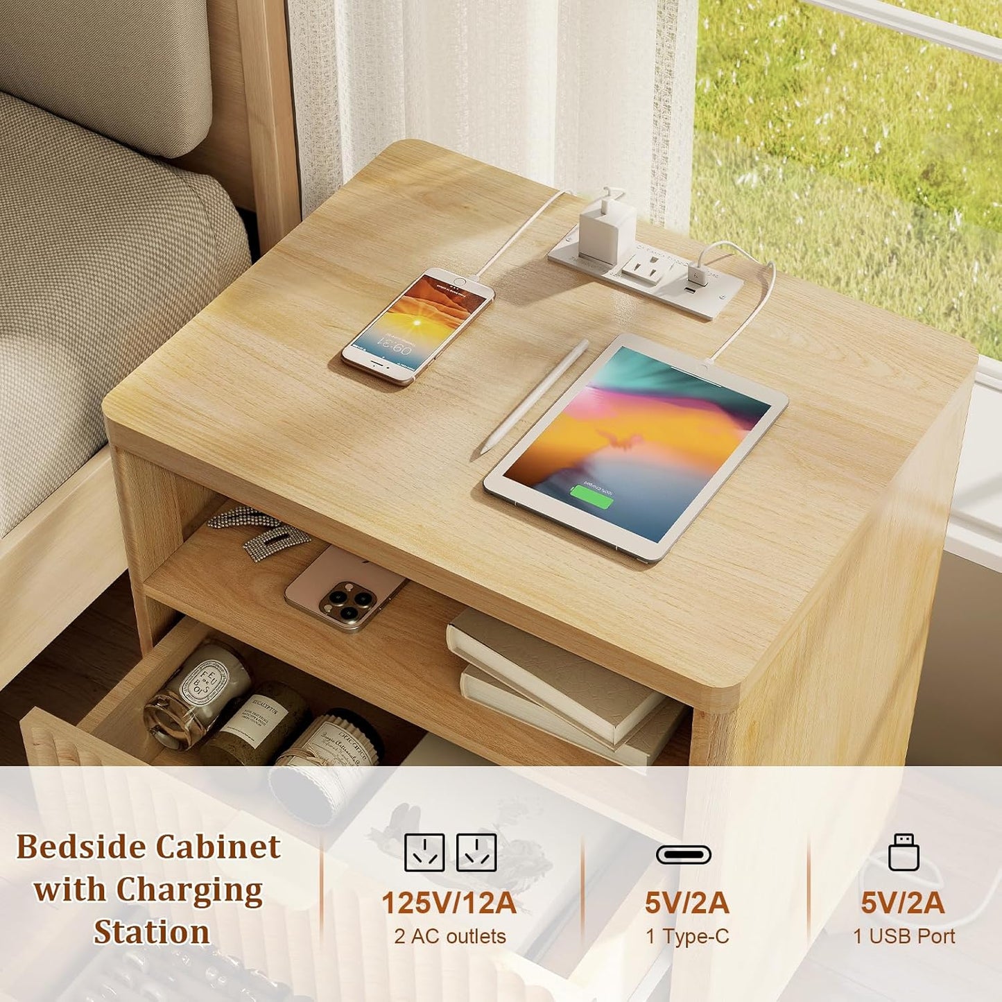 Fluted Nightstand with Charging Station, 19.7 inch Wide End Table with 2 Drawers, Modern Wood Bedside Table for Bedroom(Natural)