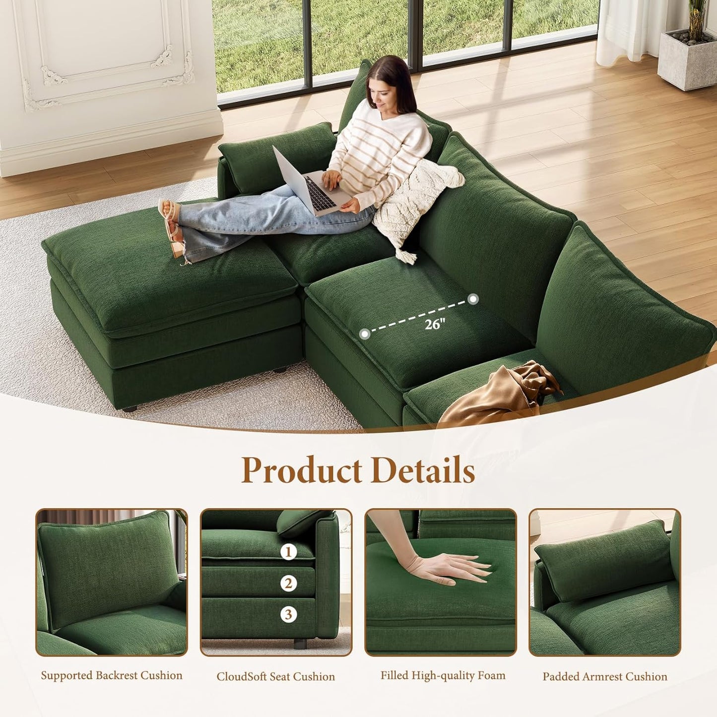 Vesgantti Large Modular Sectional Sofa, Big Comfy Cloud Couch with Ottoman Deep Seat Chenille Cloud Sofa, 9 Seater Large Sectional Couches for Living Room, Bedroom and Apartment, Green