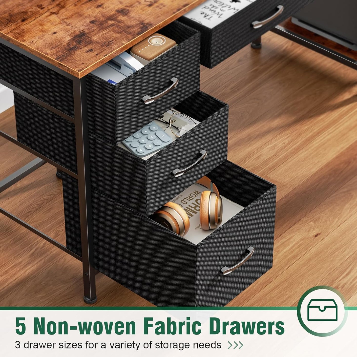 Computer Gaming Desk with Hutch, Home Office Desk with Power Outlets, LED Light, 5 Storage Drawers, 2 Tiers Shelves for Display, 39 Inch Modern Study Writing Table for Bedroom, Rustic Brown