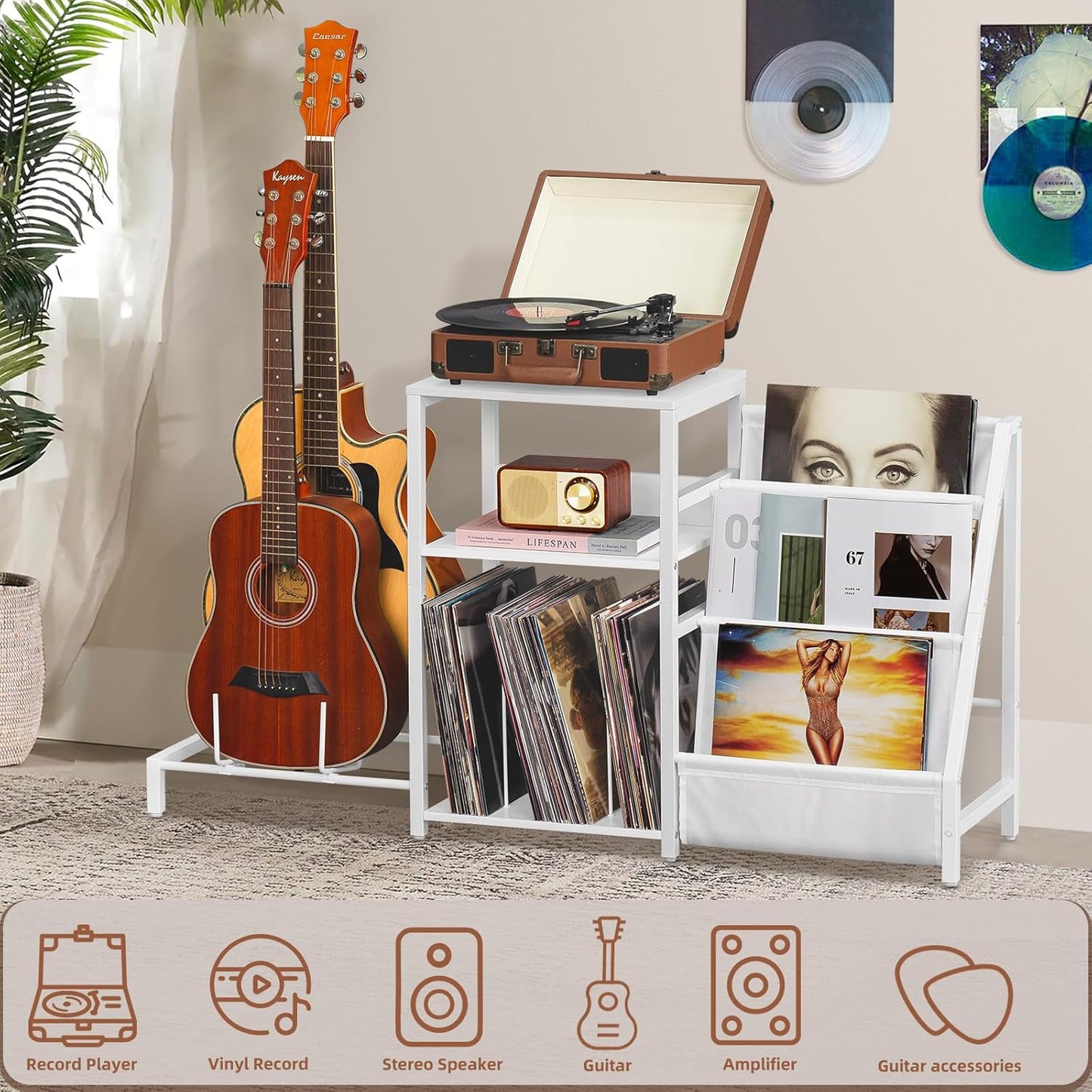 LELELINKY Record Player Table,Adjustable Guitar Stand for Acoustic Guitar, Electric Guitar, Bass, White Turntable Holder with Vinyl Storage Up to 150 Albums, Side Table with Magazine Periodical Rack