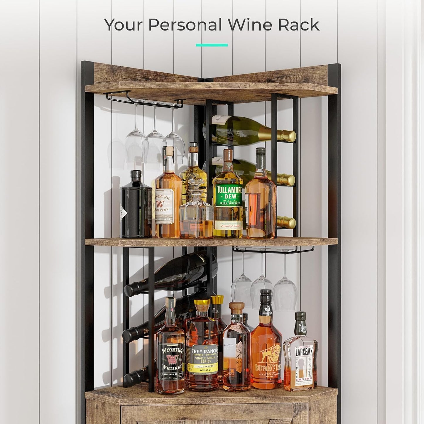 63” Corner Bar Cabinet with Wine Rack, 5-Tier Farmhouse Liquor Cabinet with Glass Holder, Adjustable Shelves & Barn Door, Rustic Brown Home Bar Storage for Living Room & Kitchen