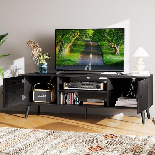 Sweetcrispy TV Stand for 55 60 inch TV, Modern Mid Century Entertainment Center with Storage, Media Console Table 2 Cabinet, Soft Hinge, Handle Door, Wooden Living Room, Office Furniture, Black