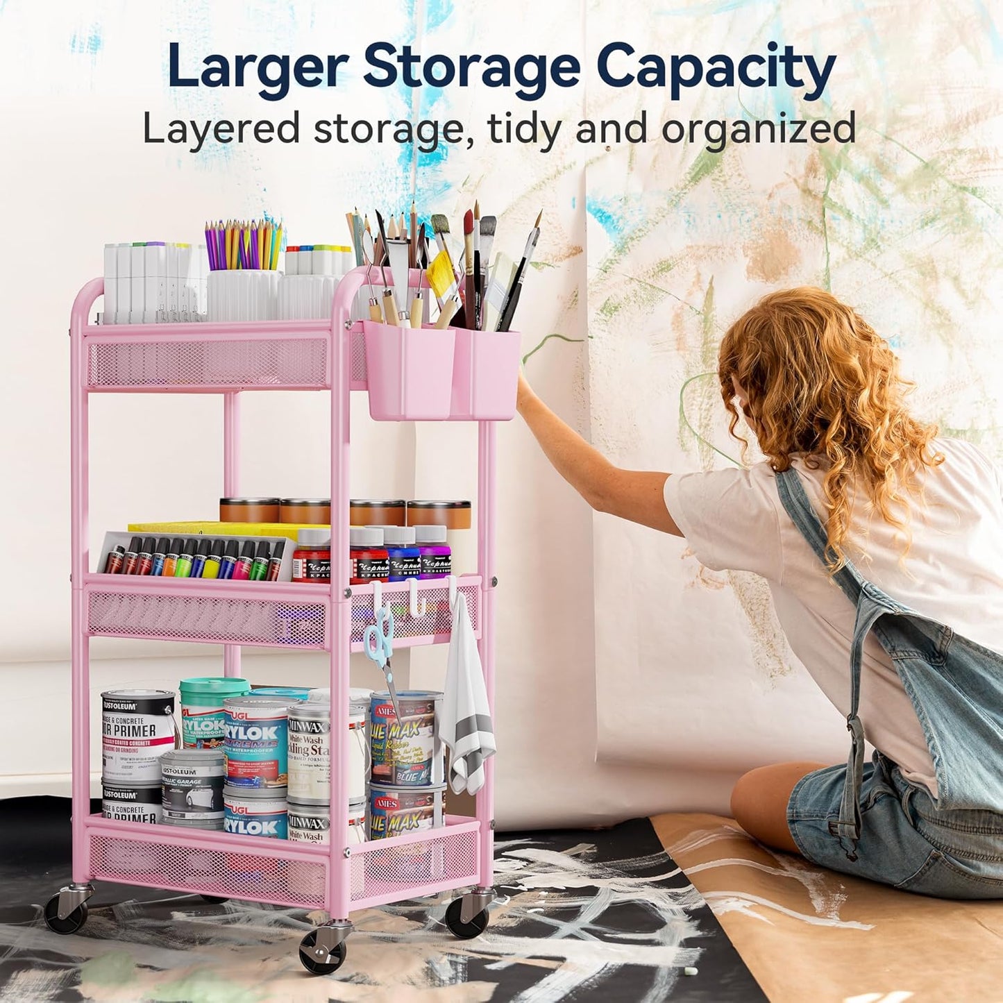 YASONIC 3 Tier Rolling Cart – Metal Utility Storage Cart with Wheels, Craft Cart Organizer with Hanging Cups, Hooks, Mesh Basket for Bedside Kitchen Office Art, Pink