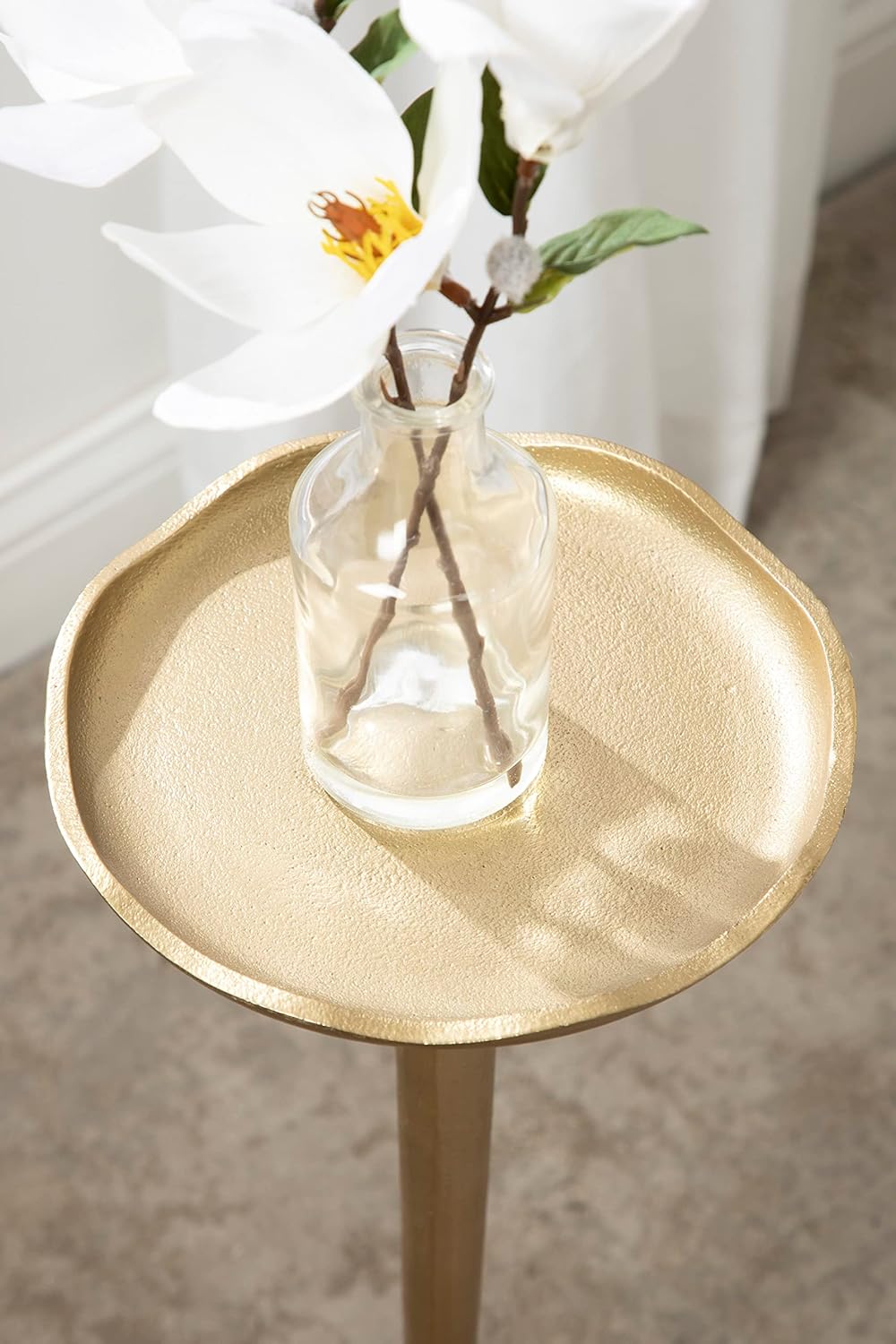 Kate and Laurel Alessia Modern Decorative Metal Drink Table; 8 x 8 x 22; Gold; Stunning Cast Aluminum Pedestal Plant Stand with Rough Texture and Deckled Edge