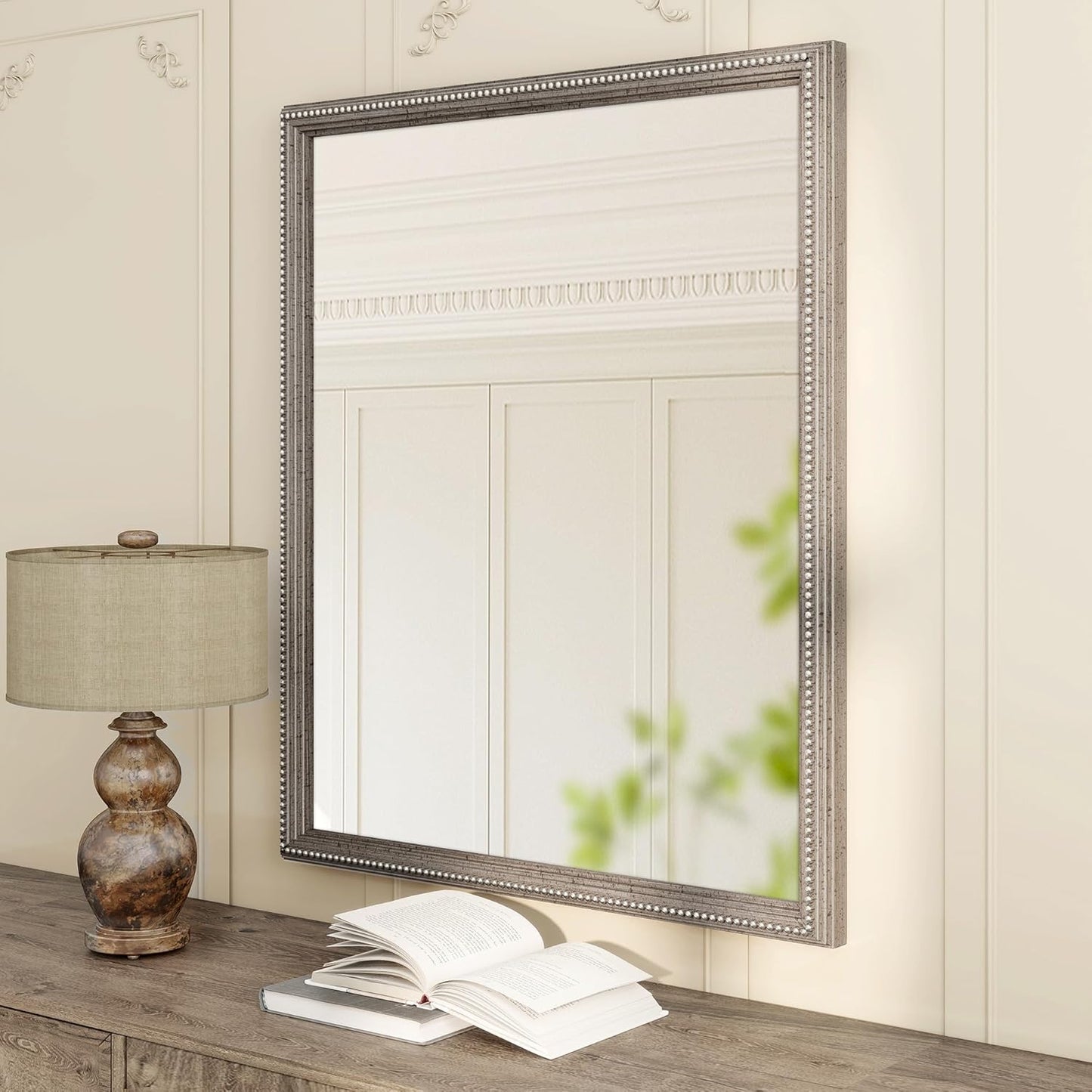 Axeman 30x36 Wood Wall Mirror, Rustic Bathroom Mirror, Vintage Wall Mounted Mirror Tempered Glass with Beaded Wooden Frame for Farmhouse Living Room Vanity Bedroom Entryway, Grey