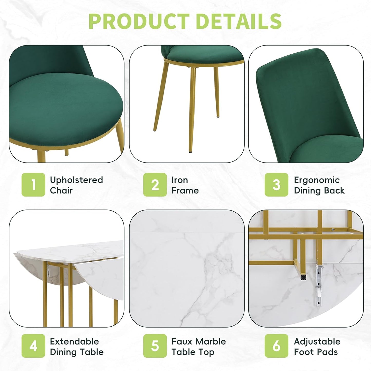 Merax 47.2” Round Dining Table Set for 4, Foldable Kitchen Dining Table with 11.8” Drop Leaves, Faux Marble Top with Golden Frame, 4 Upholstered Chairs (White+Green)