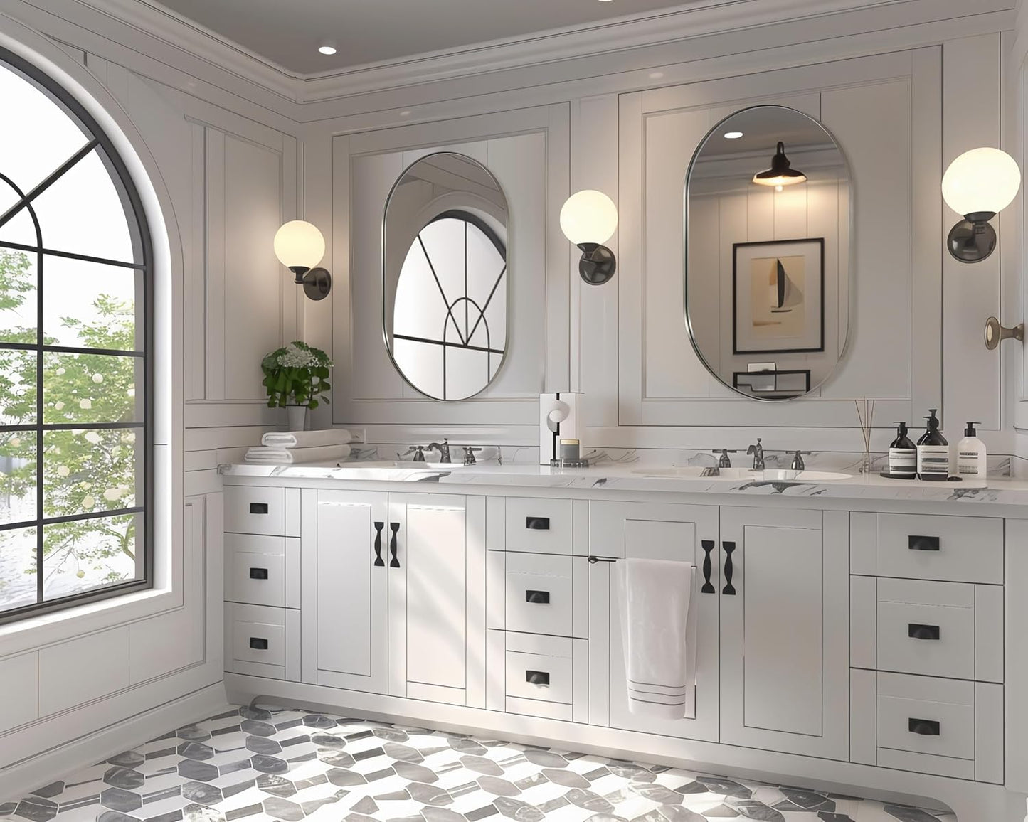 ANDY STAR 26x38’’ Brushed Nickel Oval Bathroom Mirror, Pill-Shaped Nickel Mirror Metal Framed, Stainless Steel Anti-Rust, Wall-Mounted Vertical/Horizontal