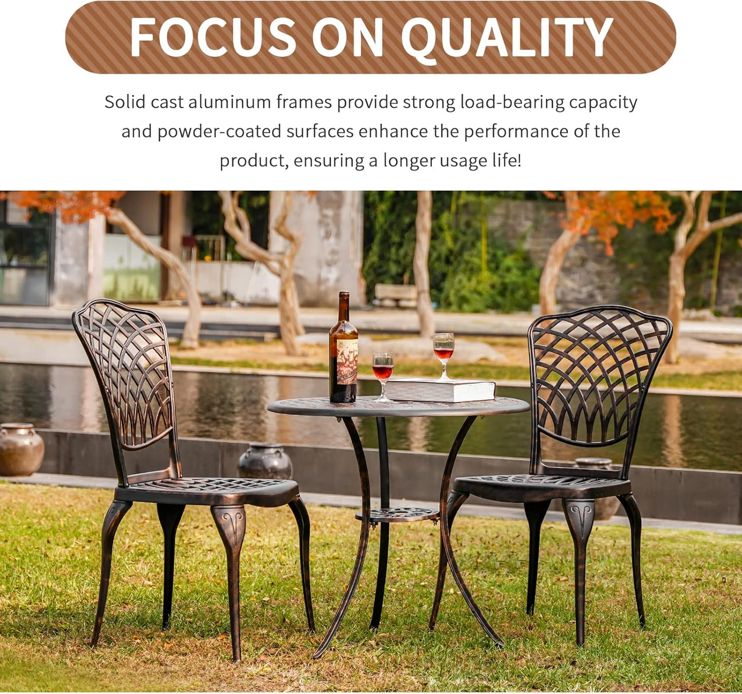 Bronze Patio Bistro Set - 3 Piece Outdoor Cast Aluminum Furniture, Large Table & Chairs, Weather Resistant, Adjustable Foot Pads, Umbrella Hole
