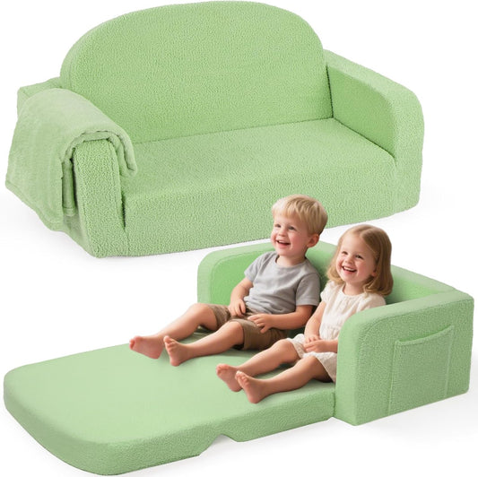 Extra Wide Kids Couch, 2-in-1 Soft Toddler Couch with Blanket, Comfy Toddler Chair, Convertible Sofa to Lounger, Gifts for Kids Girl Boys, Green