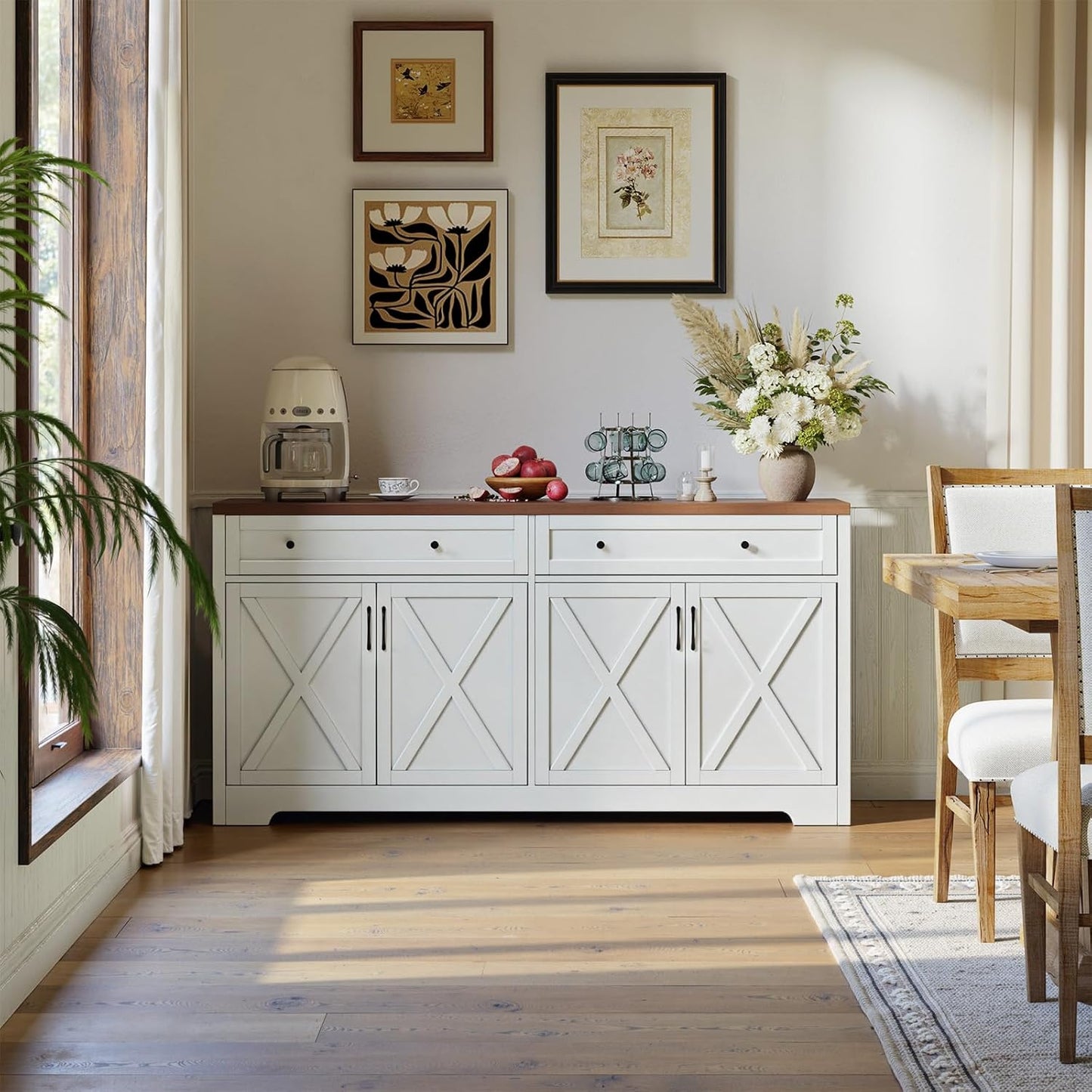 61'' Farmhouse Sideboard Buffet Cabinet with Storage, Large Kitchen Storage Cabinet with Barn Doors Drawers, Brown Coffee Bar Table for Dining Room Kitchen