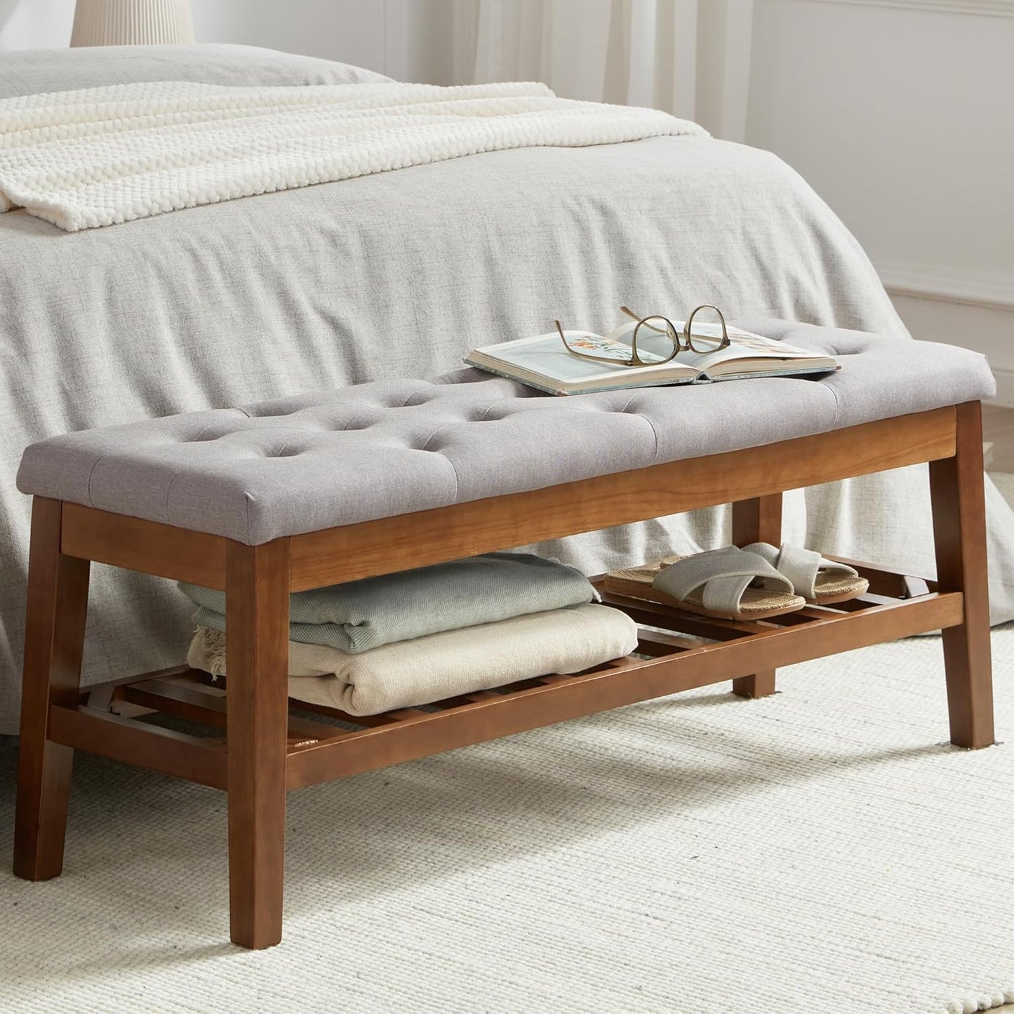 Upholstered Shoe Bench Entryway Bench for Bedroom, End of Bed, Ottoman Bench Tufted Padded Seat with Solid Wood Shelf for Living Room, Linen Ash Gray