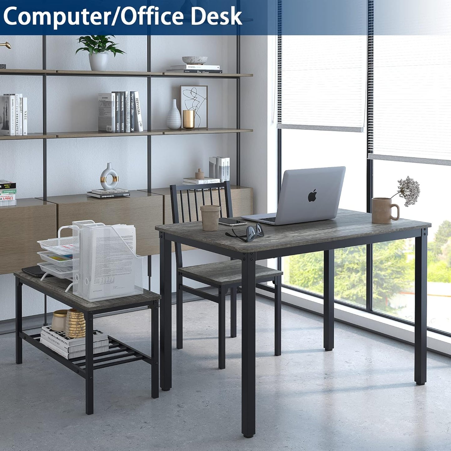 Teraves Dining Table Set for 4/Computer Desk,Kitchen Table with 2 Chairs and a Bench,Table and Chairs Dining Set 4 Piece Set for Dining Room (Black Oak+Black Frame, 110CM)