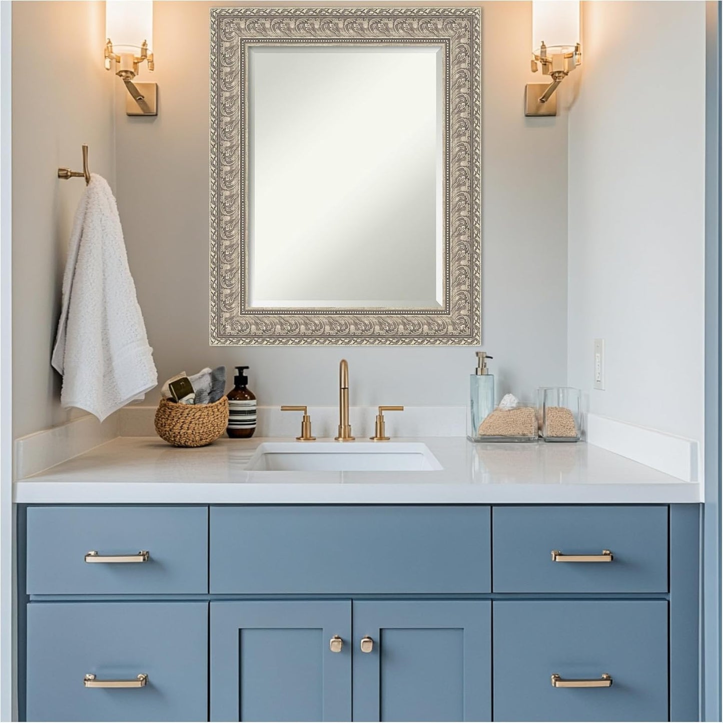 Amanti Art Silver Bathroom Mirror for Over Sink, 31x25 Sydney Silver Rectangle Vanity Mirror, Medium Traditional Frame, Hangs Horizonally and Vertically, Bathroom Wall Decor, Beveled Edge