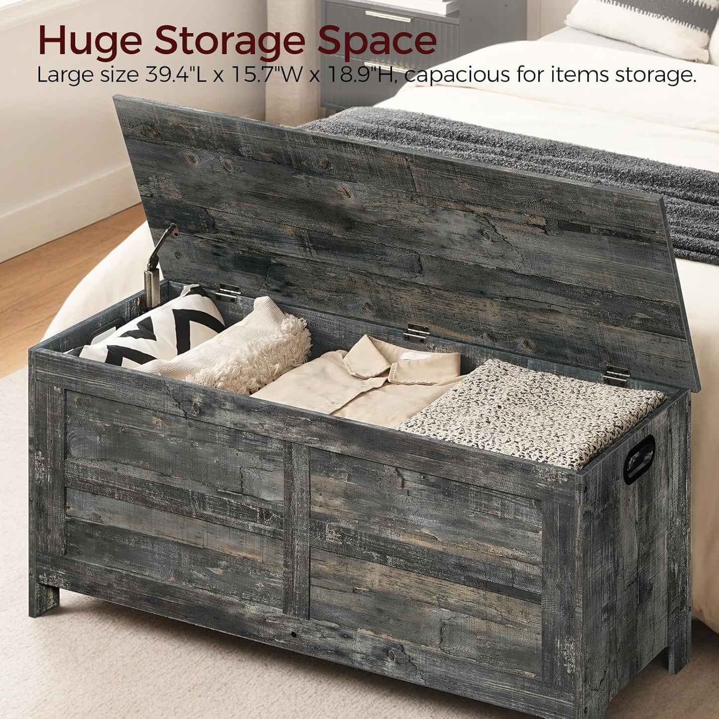Storage Chest, 39.4” Large Toy Chest, Entryway Storage Trunk, Storage Bench with Safety Hinge, Entrance Bench for Living Room, Entrance, Bedroom, Vintage Gray SCRP48301