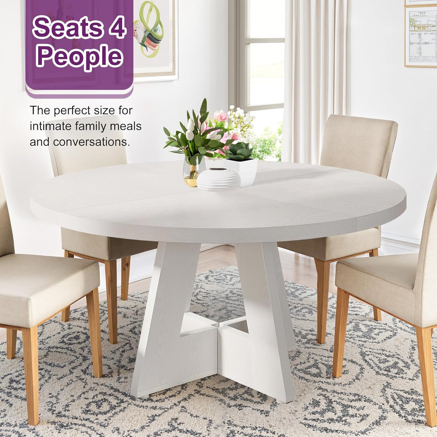 Round Dining Table for 4, 47" Wooden Kitchen Dinner Table Rustic, Farmhouse Table for Dining Room, Living Room, White