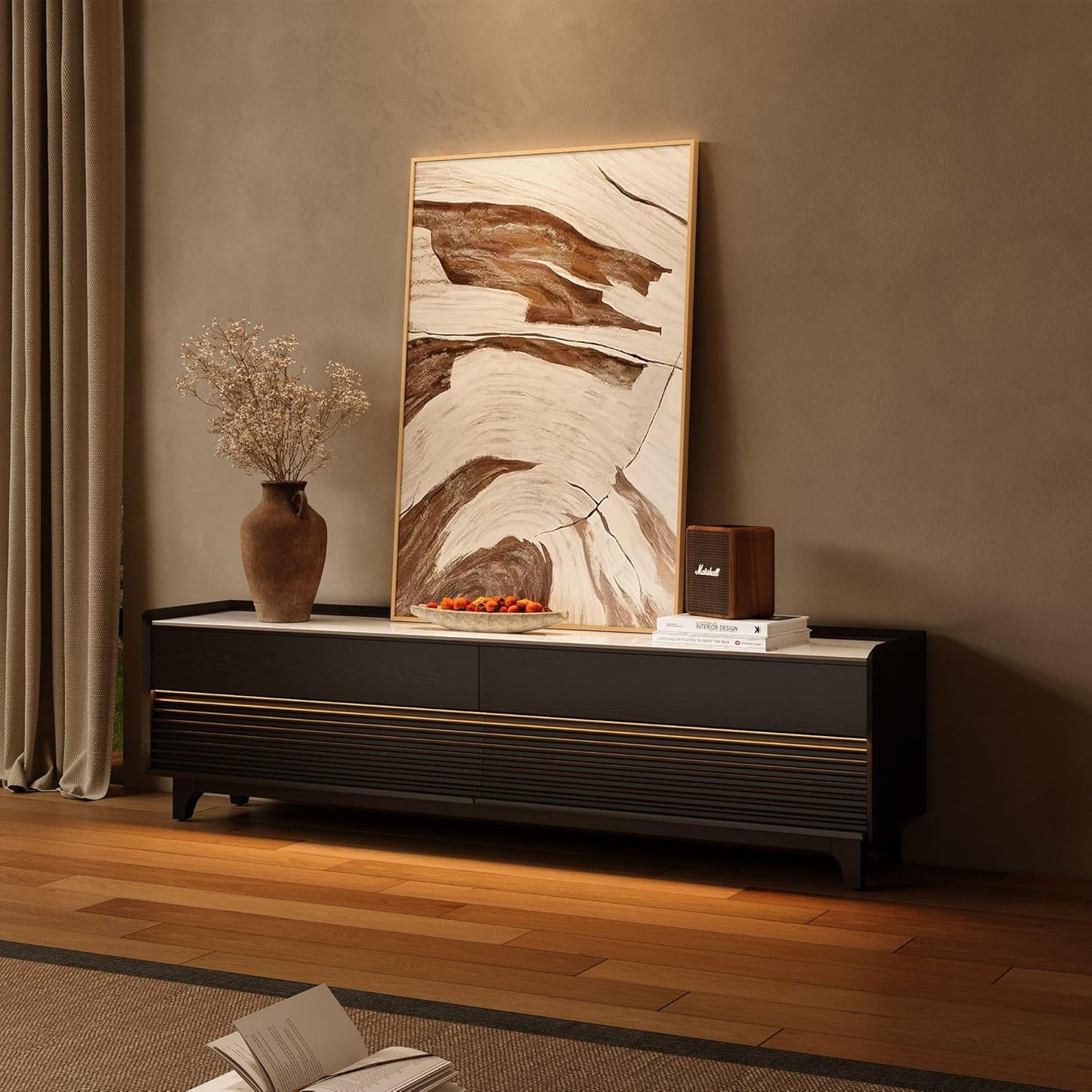 POVISON Fully-Assembled Mid Century Glossy Sintered Stone Tabletop TV Stand with Legs, Wood Media Console with Adjustable LED Light for 75-inch TVs, Entertainment Center with Storage for Living Room