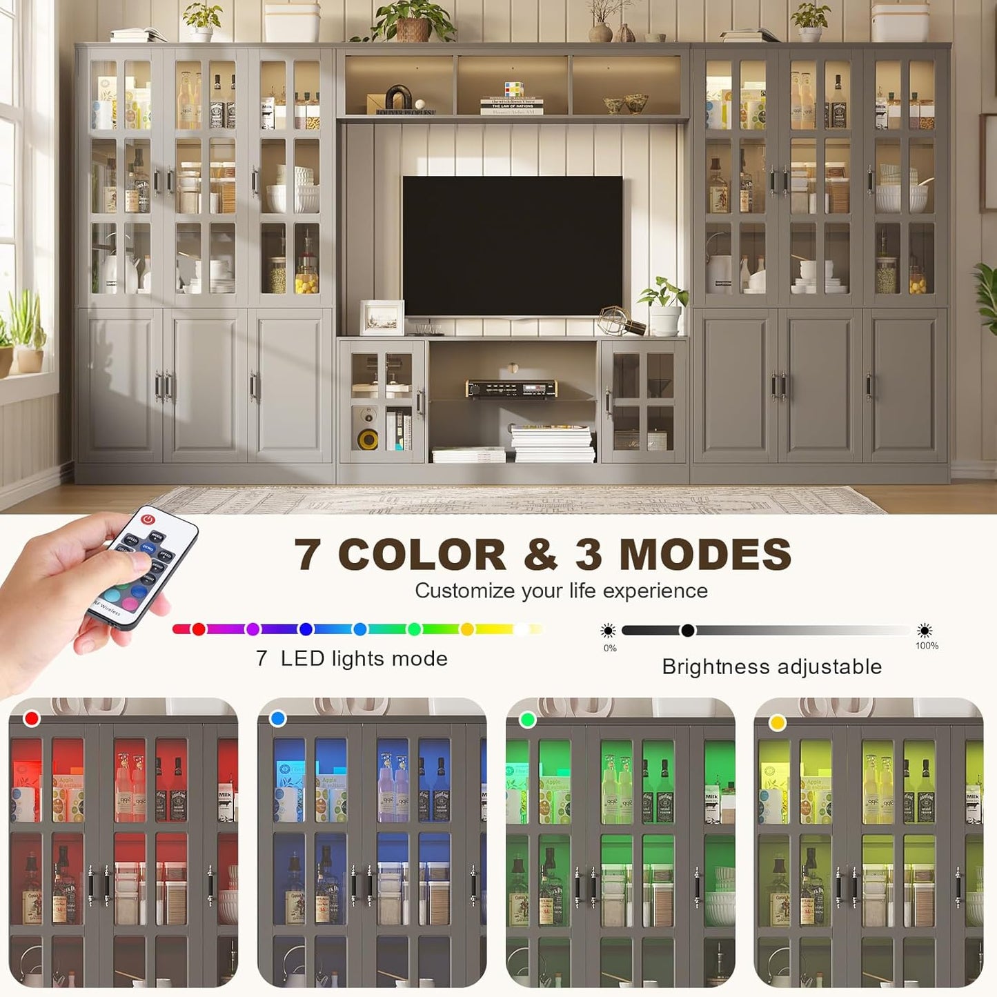 4-Piece Wall Unit TV Stand with Storage & LED Lights for TVs up to 75", Modern Entertainment Center with Bookshelves & 6-Door Pantry Cabinet, Gray