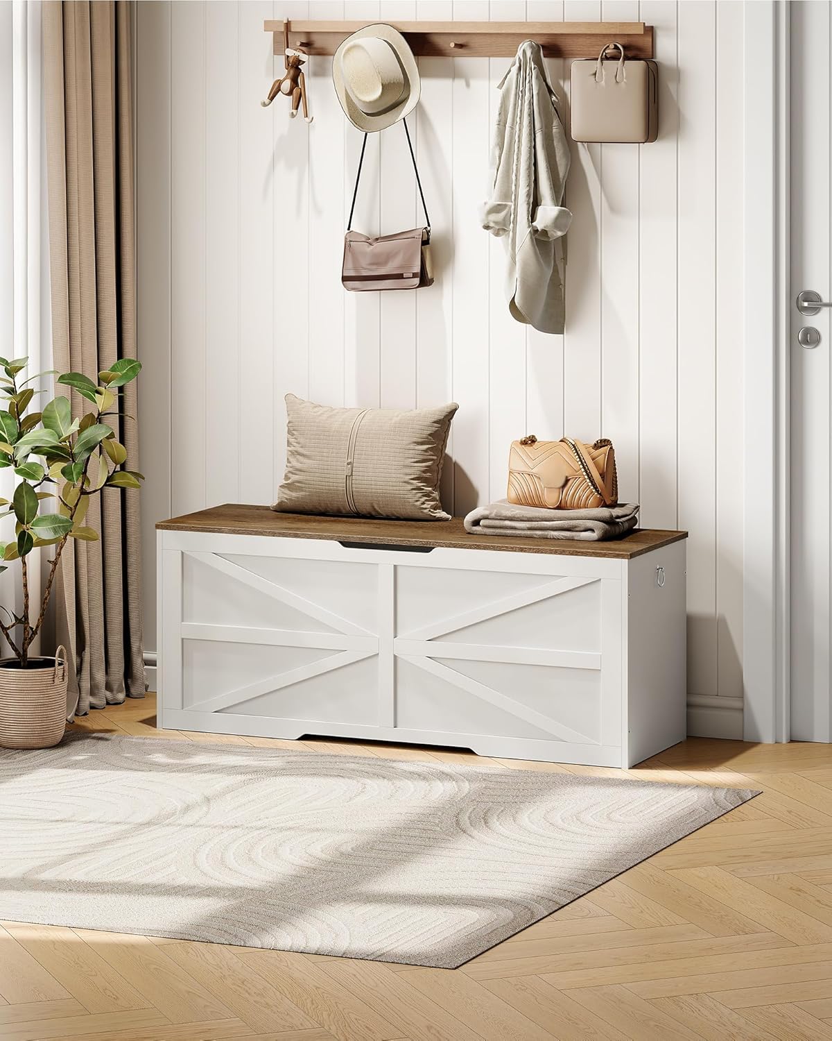 Storage Chest, 47.2" Wooden Storage Trunk, Modern Storage Bench with Safety Hinge, Toy Box, Farmhouse Style, for Bedroom, Living Room, Walnut and White MCW16WL