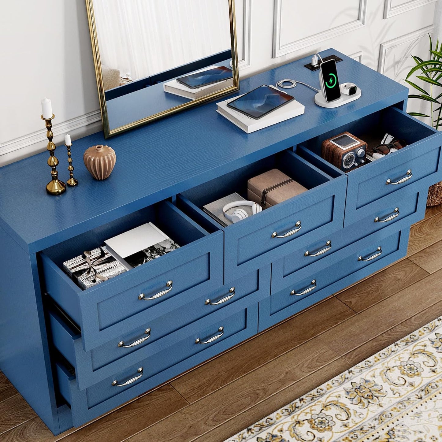 YITAHOME Drawers TV Stand for 65 inches with Power Outlets -Chest of Drawers Dresser with Side Organizer Bag Entertainment Center TV Console, Blue