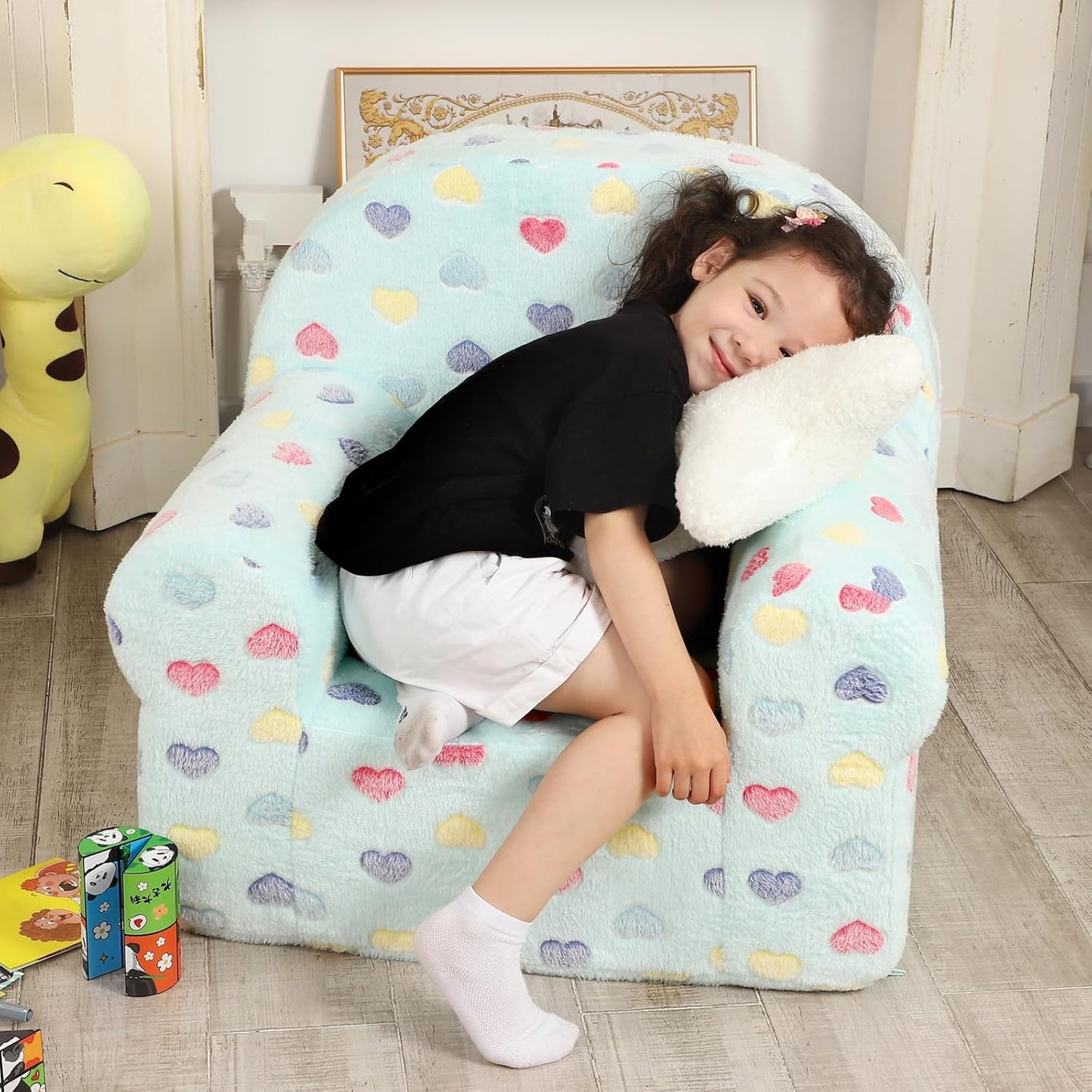 Colorful Heart Kids Sofa with Star Throw Pillow, High Back Toddler Chair Glow in The Dark for Boys and Girls, Lake Blue