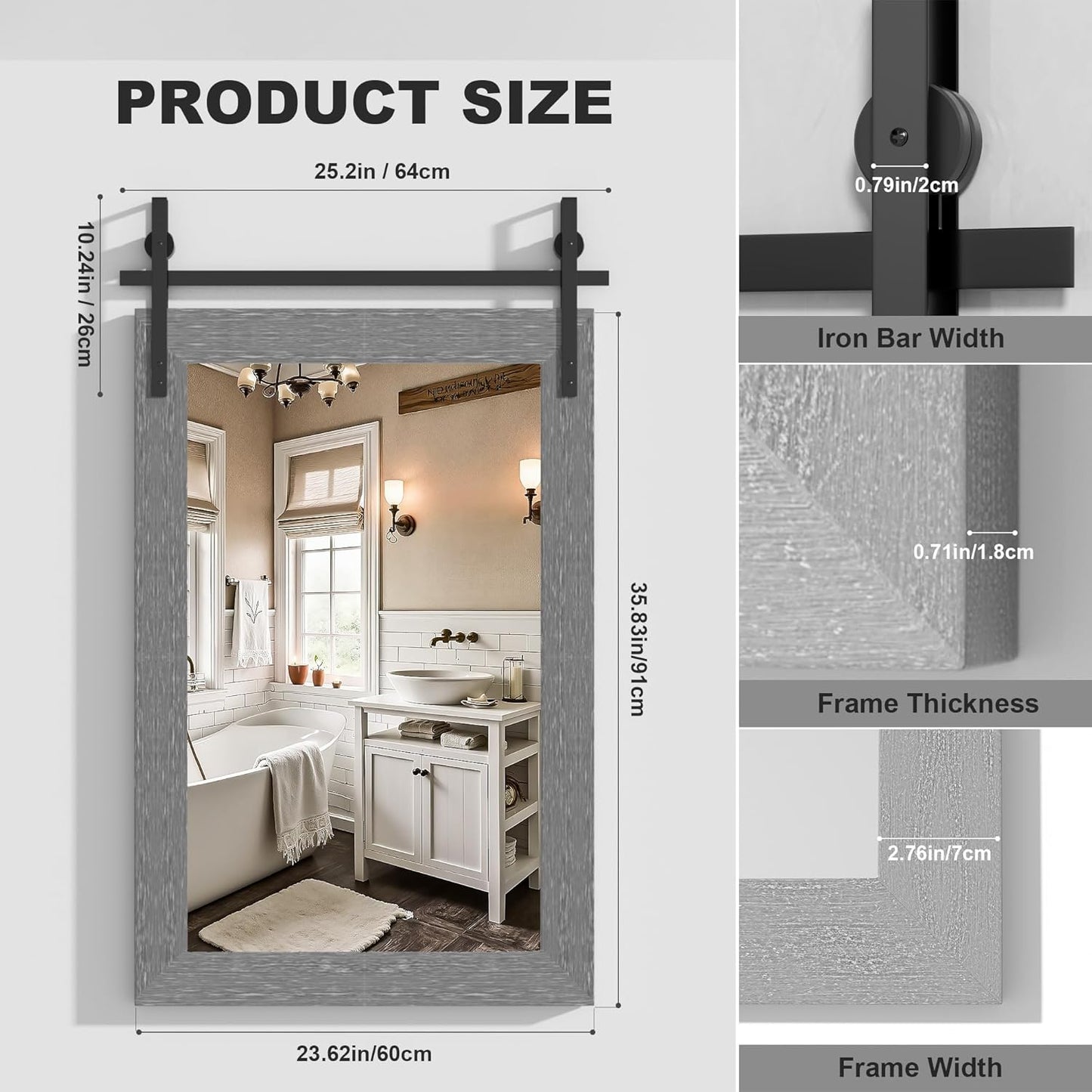 Hasipu Farmhouse Bathroom Mirror, 24"x36" Rustic Wood Framed Wall Mounted Mirror, Gray Vintage Vanity Mirror Barn Door Style Decrative Mirrors