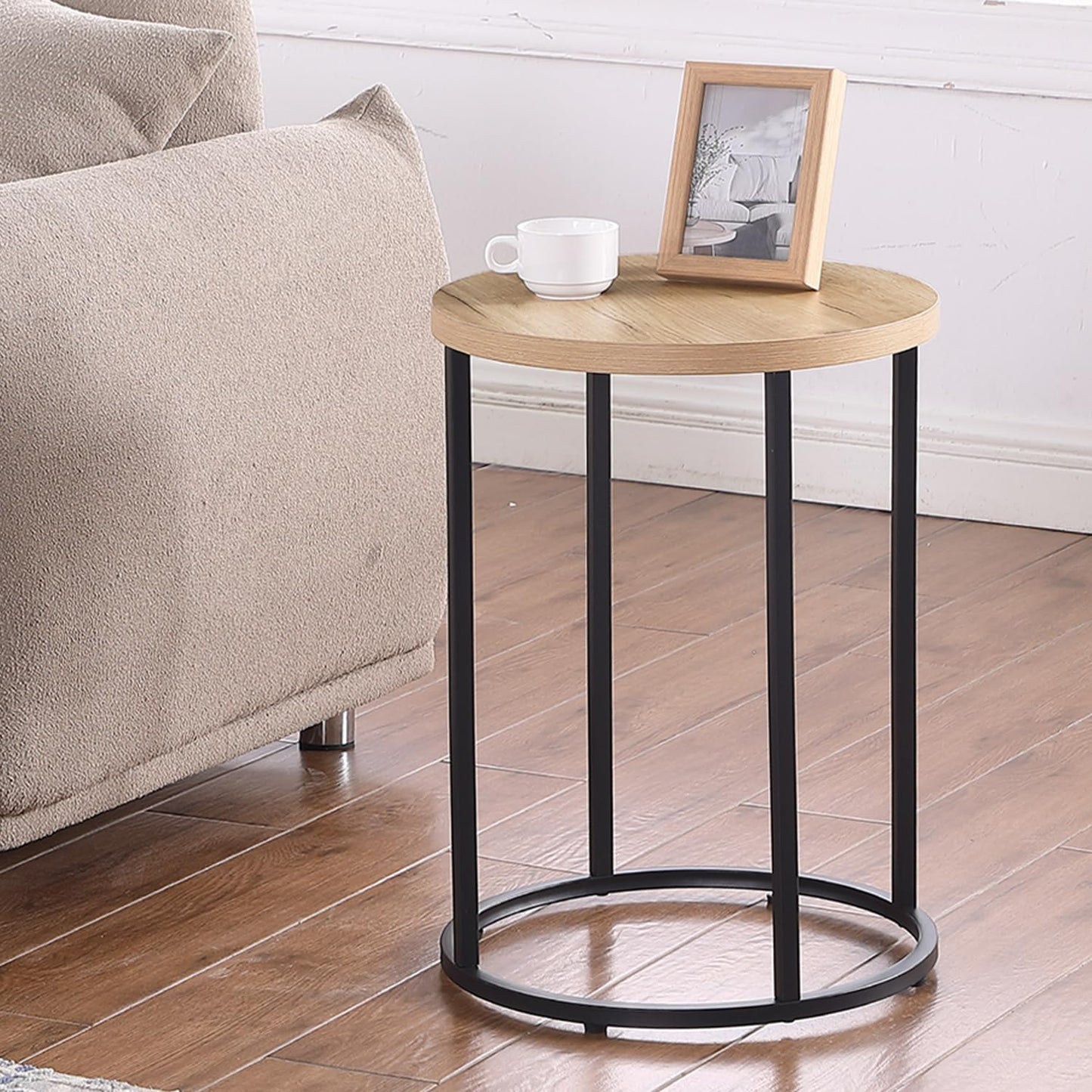 CENSI 16-Inch Natural Oak Round Accent End Table Side Table for Living Room, Mid-Century Modern Nightstand for Bedroom, Plant Stand, Wood and Metal