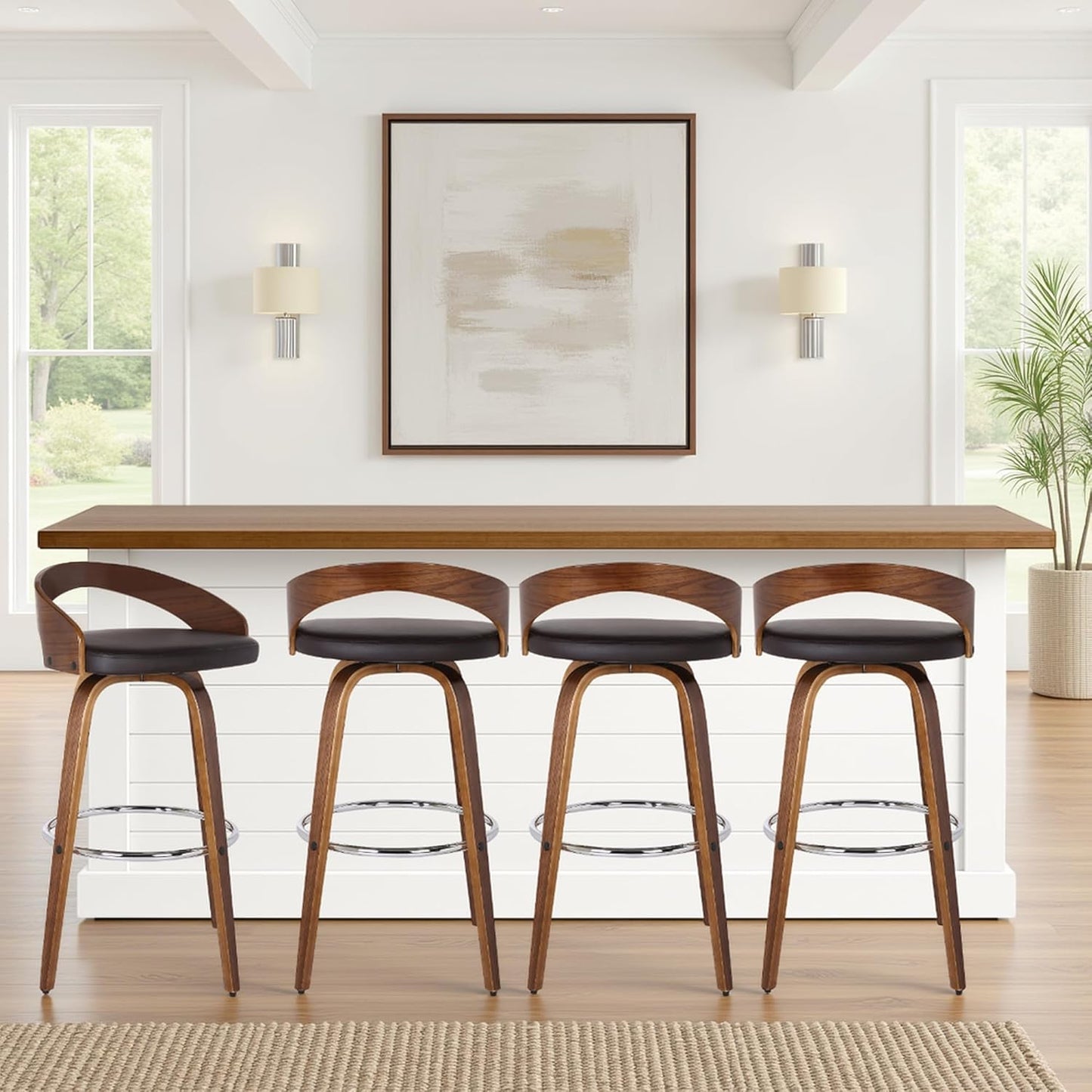 Armen Living Sonia 30" Bar Height Swivel Brown Faux Leather and Walnut Wood Bar Stool - Set of 2