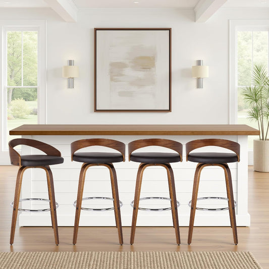 Armen Living Sonia 30" Bar Height Swivel Brown Faux Leather and Walnut Wood Bar Stool - Set of 2