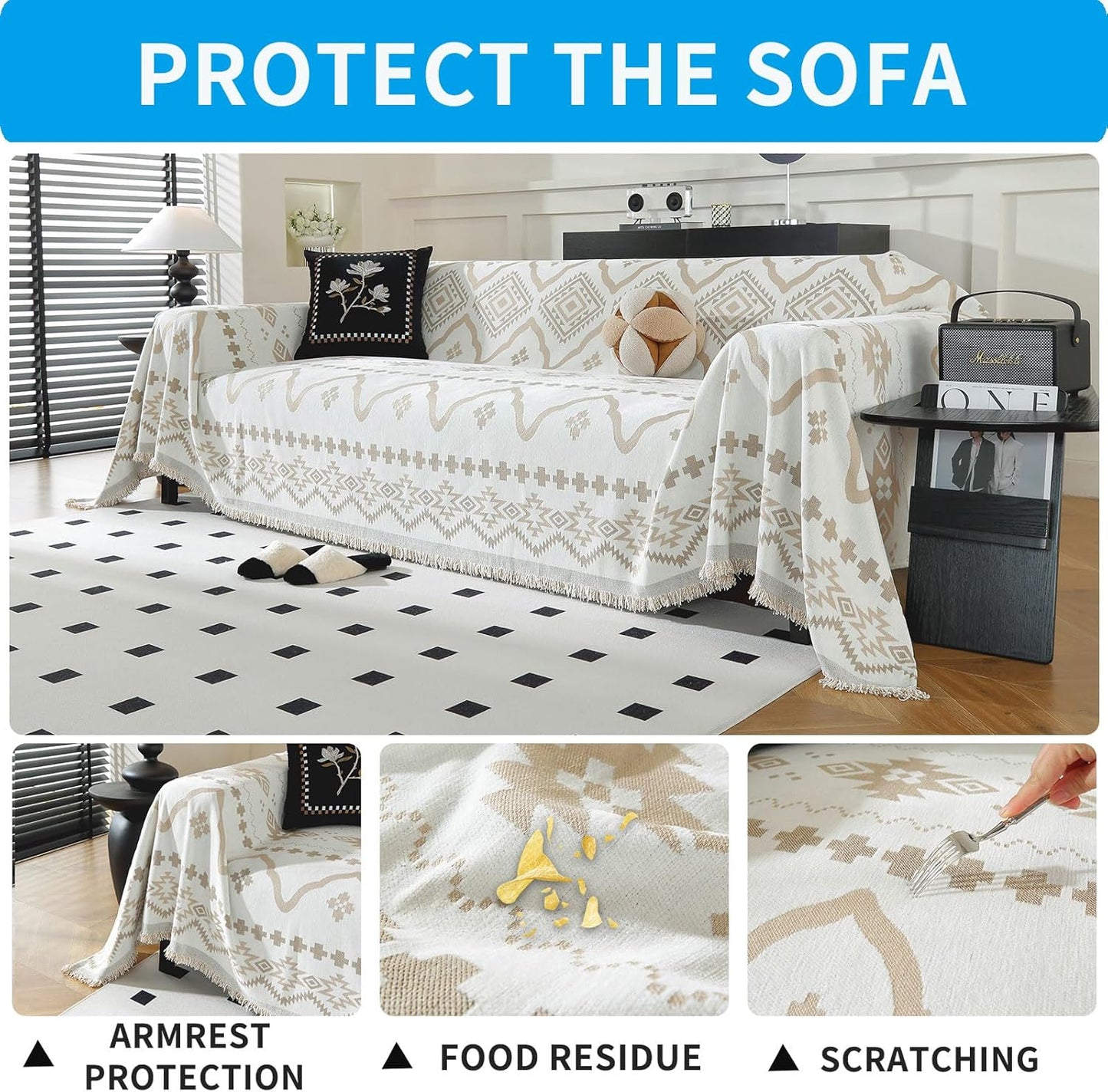 LUFEIJIASHI Boho Couch Covers for Sofa Non Slip Sofa Covers Washable Couch Covers for 3 Cushion Couch Sofa Pet Friendly Sectional Couch Cover Blanket Furniture Protector for Dogs (Khaki, 71"x118")