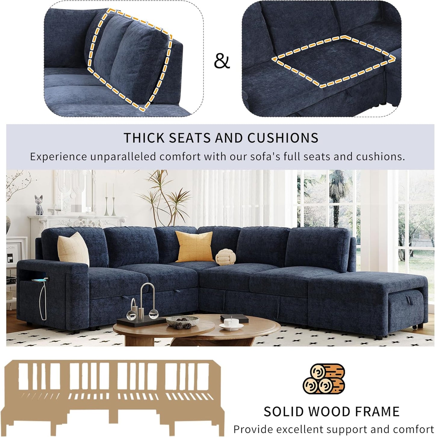 Merax L-Shaped Modular Sectional Sofa with Removable Storage Ottoman, USB Ports and Cup Holder, 6-Seats Upholstered Couch & Armrest, Free Combination Indoor Furniture for Living Room, Apartments, Blue