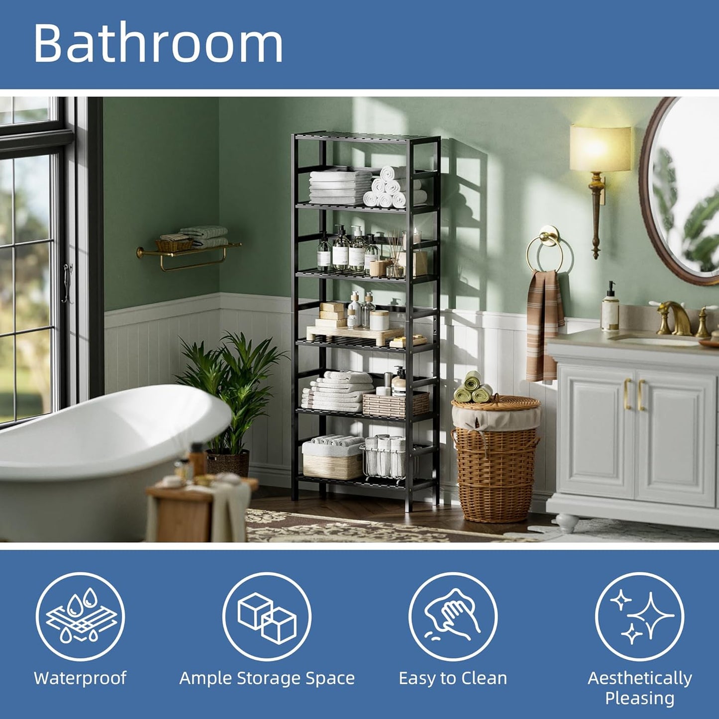 HITNET Bamboo Bookshelf, 6-Tier Tall Open Bookcase with Adjustable Shelves, Floor Standing Storage Shelf Unit for Living Room Bathroom Home Office, Black