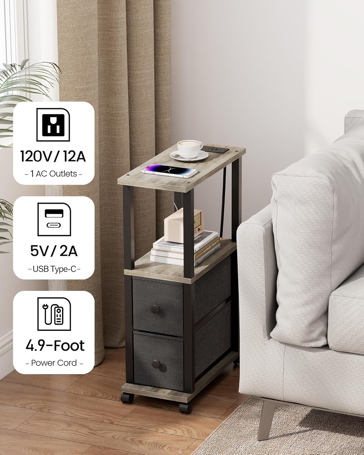 TUTOTAK Small Narrow End Tables, LED Side Tables with 2 Fabric Drawers, Set of 2, Bedside Tables with Charging Station for Small Spaces, Slim Nightstands with USB Ports and Wheels, TB01BG053L